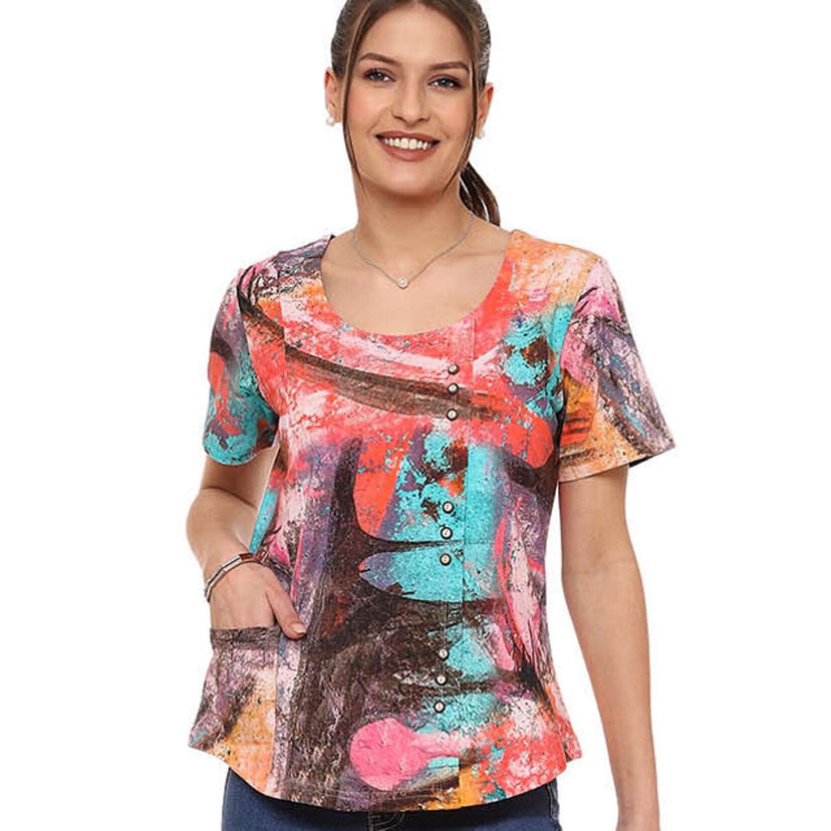 Parsley and Sage Watercolor Short Sleeve Button Detail Joanne Top