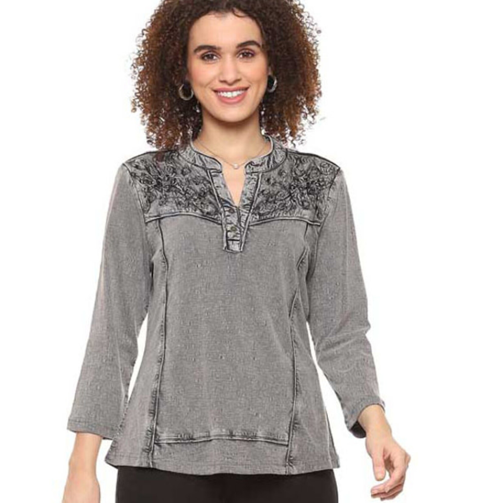 Parsley and Sage Washed Grey Embroidered Henley Shirt