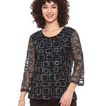 Parsley and Sage Black With Blue Squares Sheer Marge Top