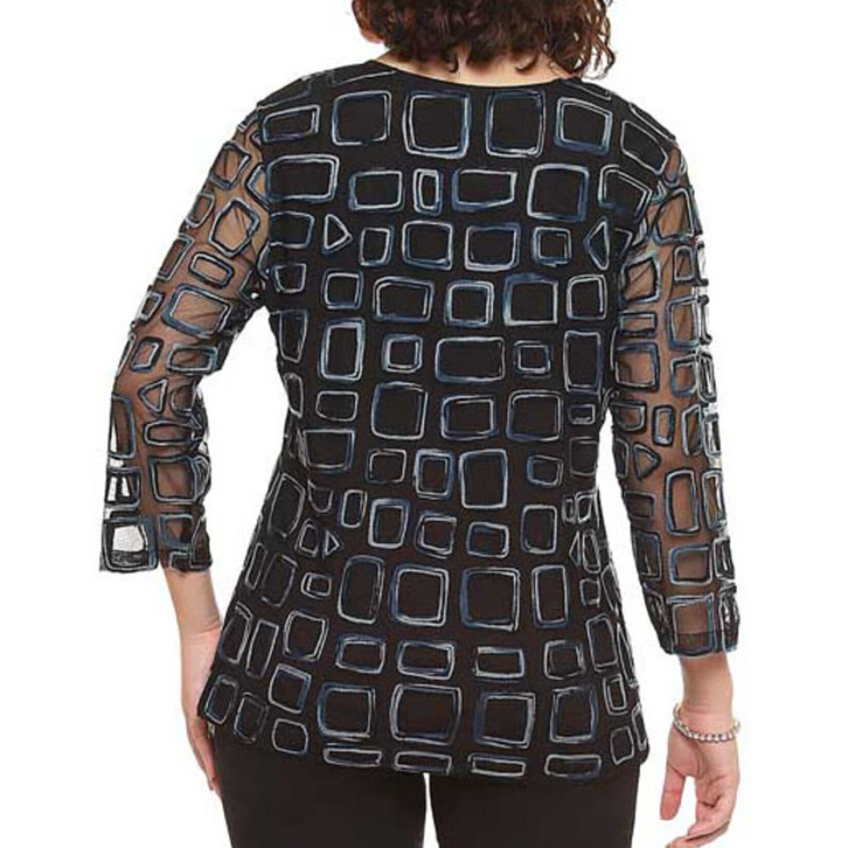 Parsley and Sage Black With Blue Squares Sheer Marge Top