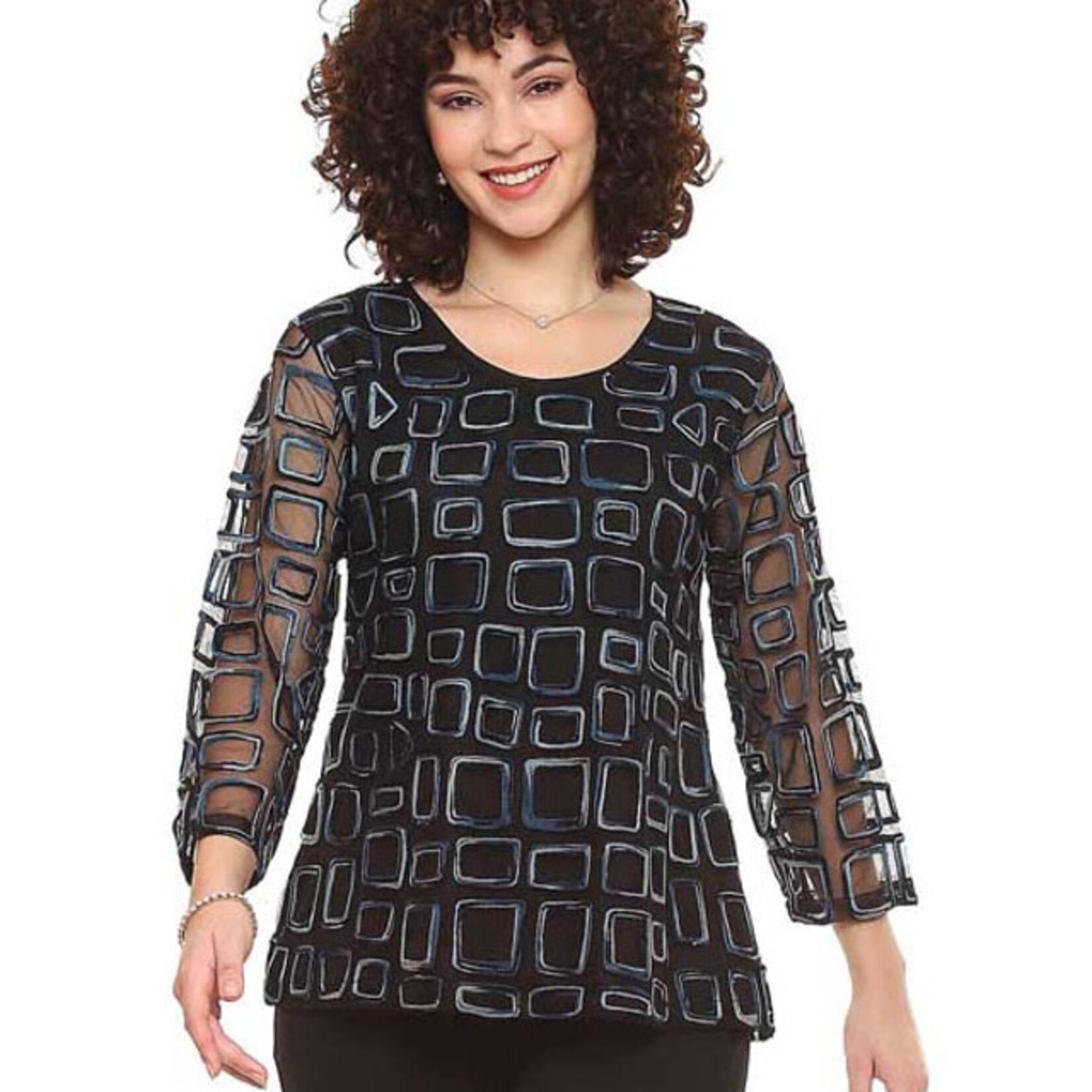 Parsley and Sage Black With Blue Squares Sheer Marge Top