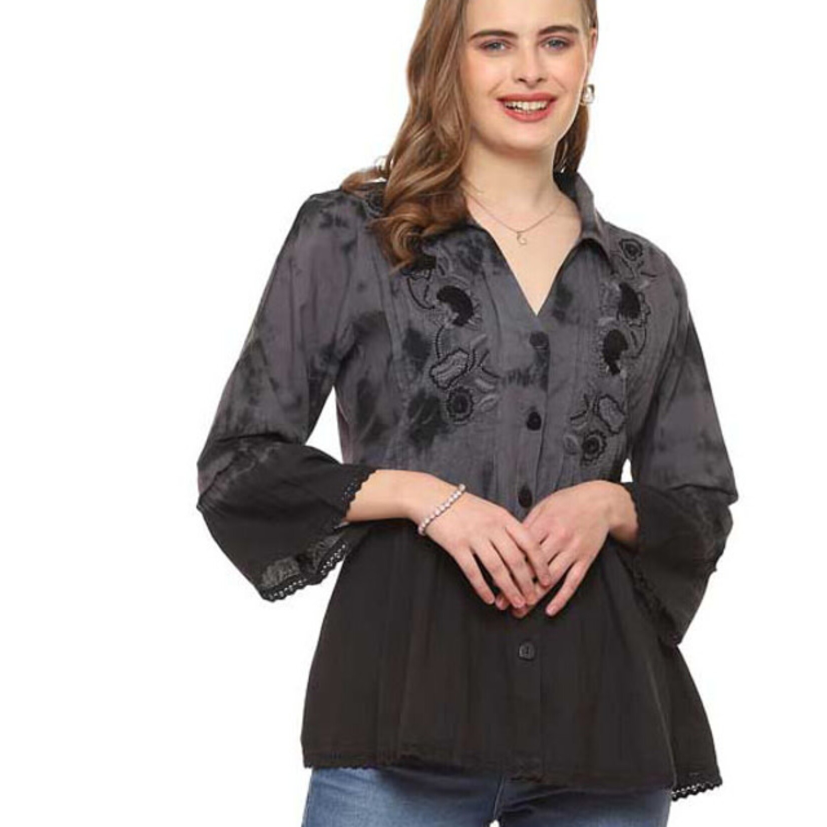 Parsley and Sage Cotton Black & Grey Flounce Sleeve Rhonda Shirt