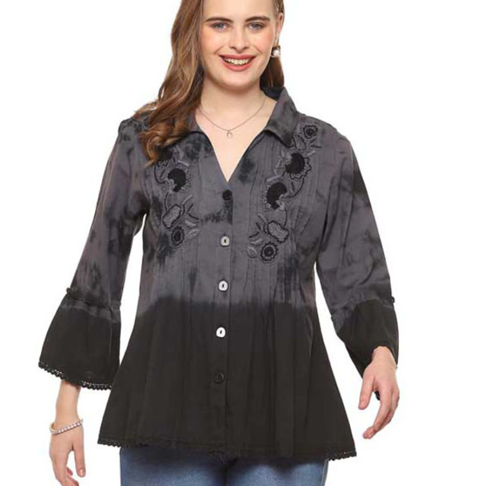 Parsley and Sage Cotton Black & Grey Flounce Sleeve Rhonda Shirt