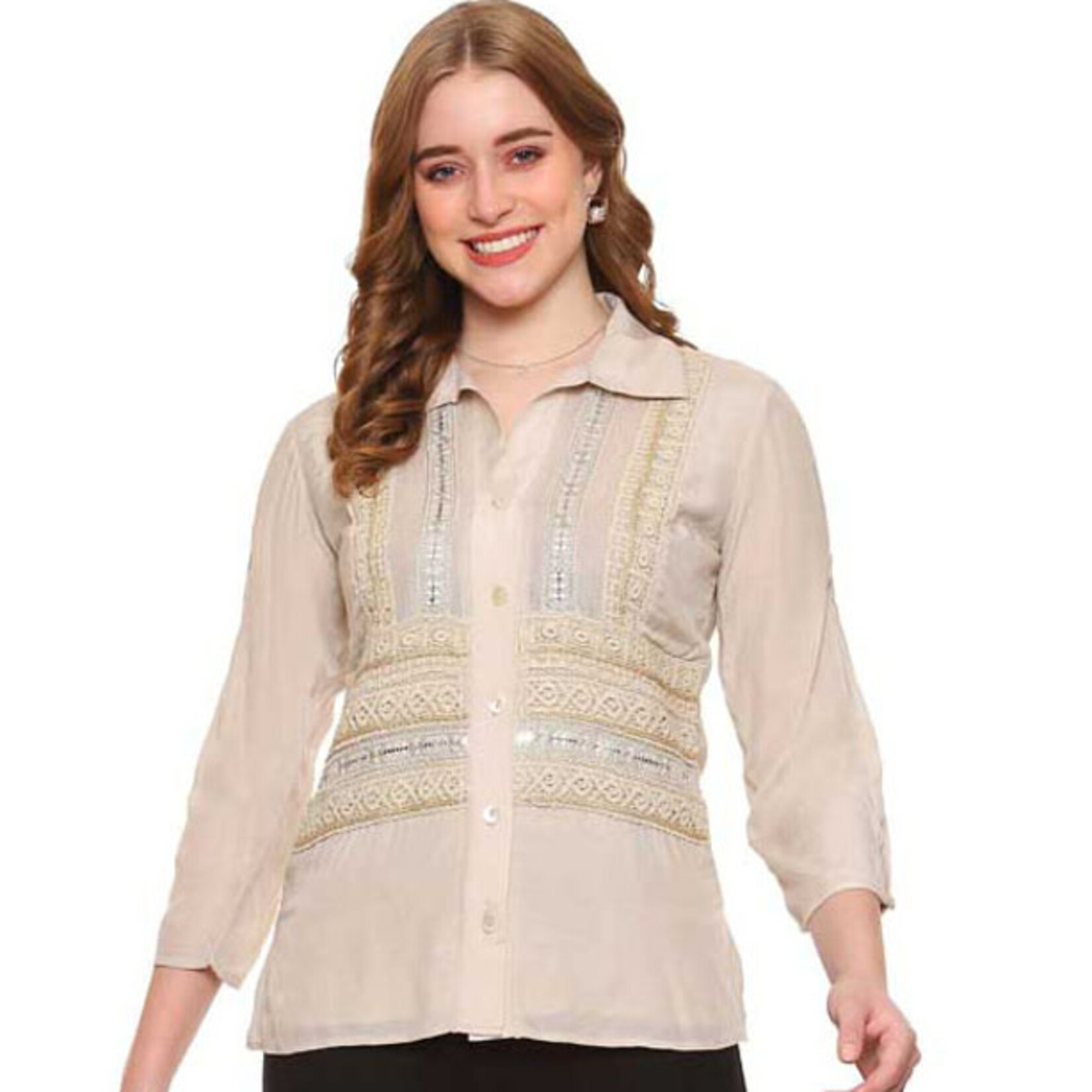 Parsley and Sage Tan Embellished Button Up Talia Shirt