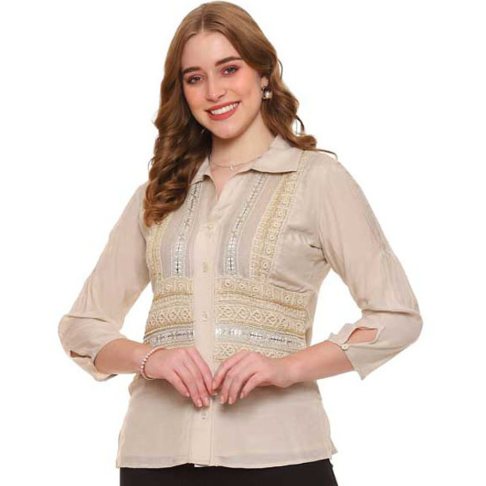 Parsley and Sage Tan Embellished Button Up Talia Shirt