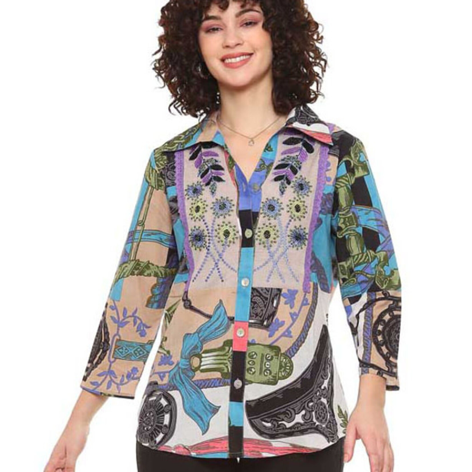 Parsley and Sage Cotton Purple & Teal Embroidered Button Down Glinda Shirt