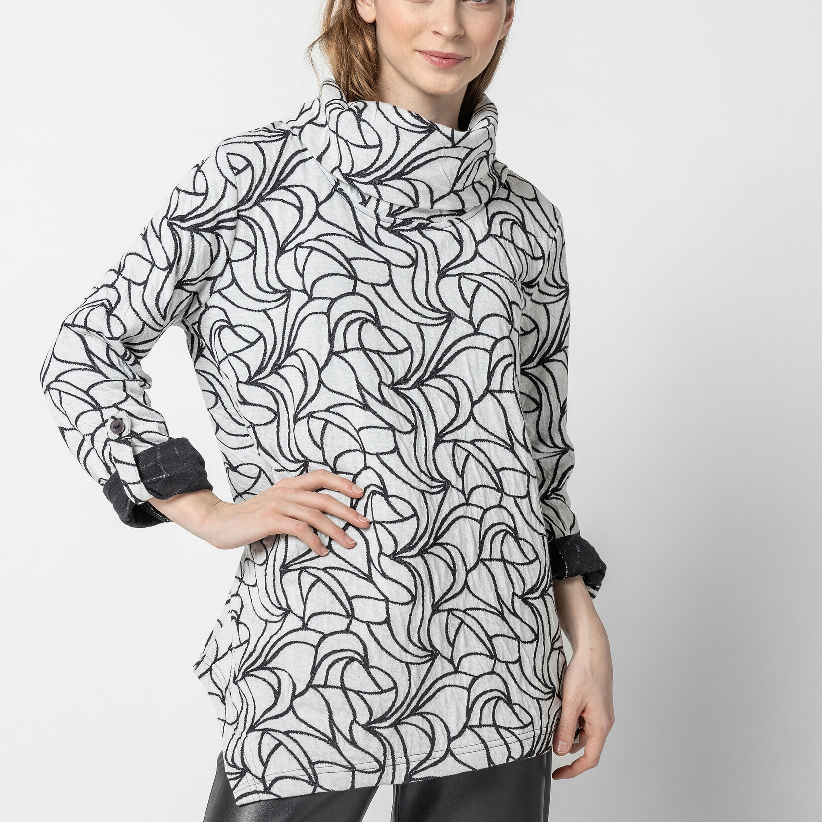 Komil White & Black Petal Texture Cowl Neck Shirt