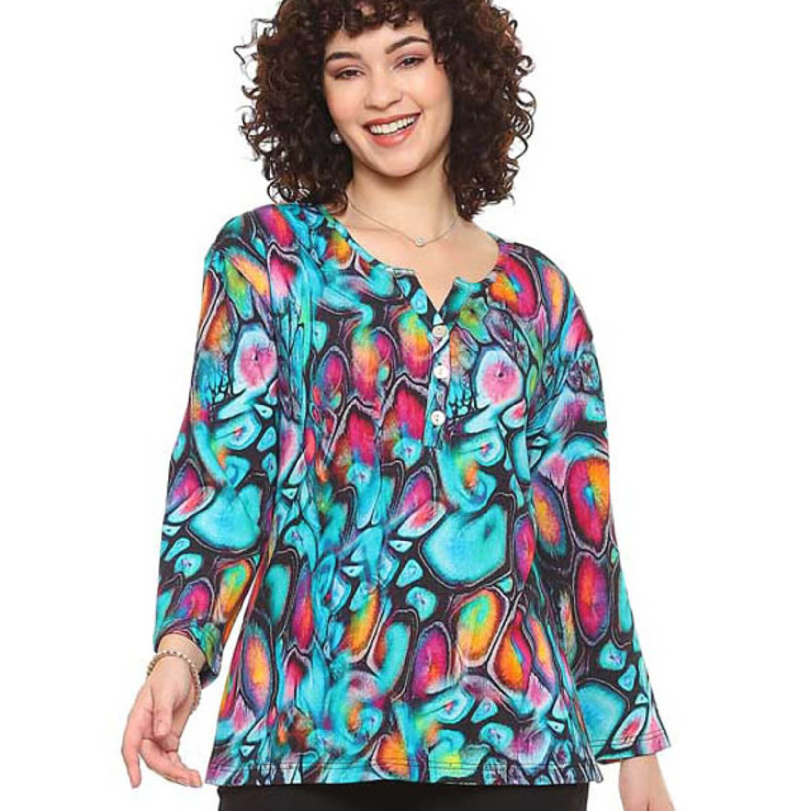 Parsley and Sage Teal & Fuchsia 3/4 Sleeve Jewel Top