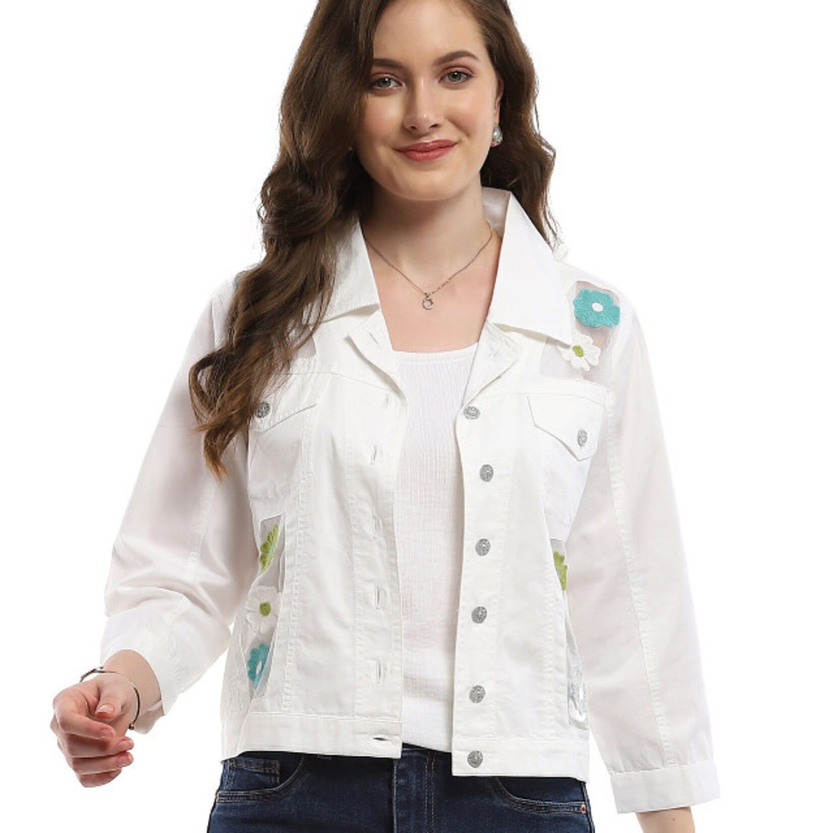 Parsley and Sage Denim White Mesh Embroidered Accent Rachel Jacket