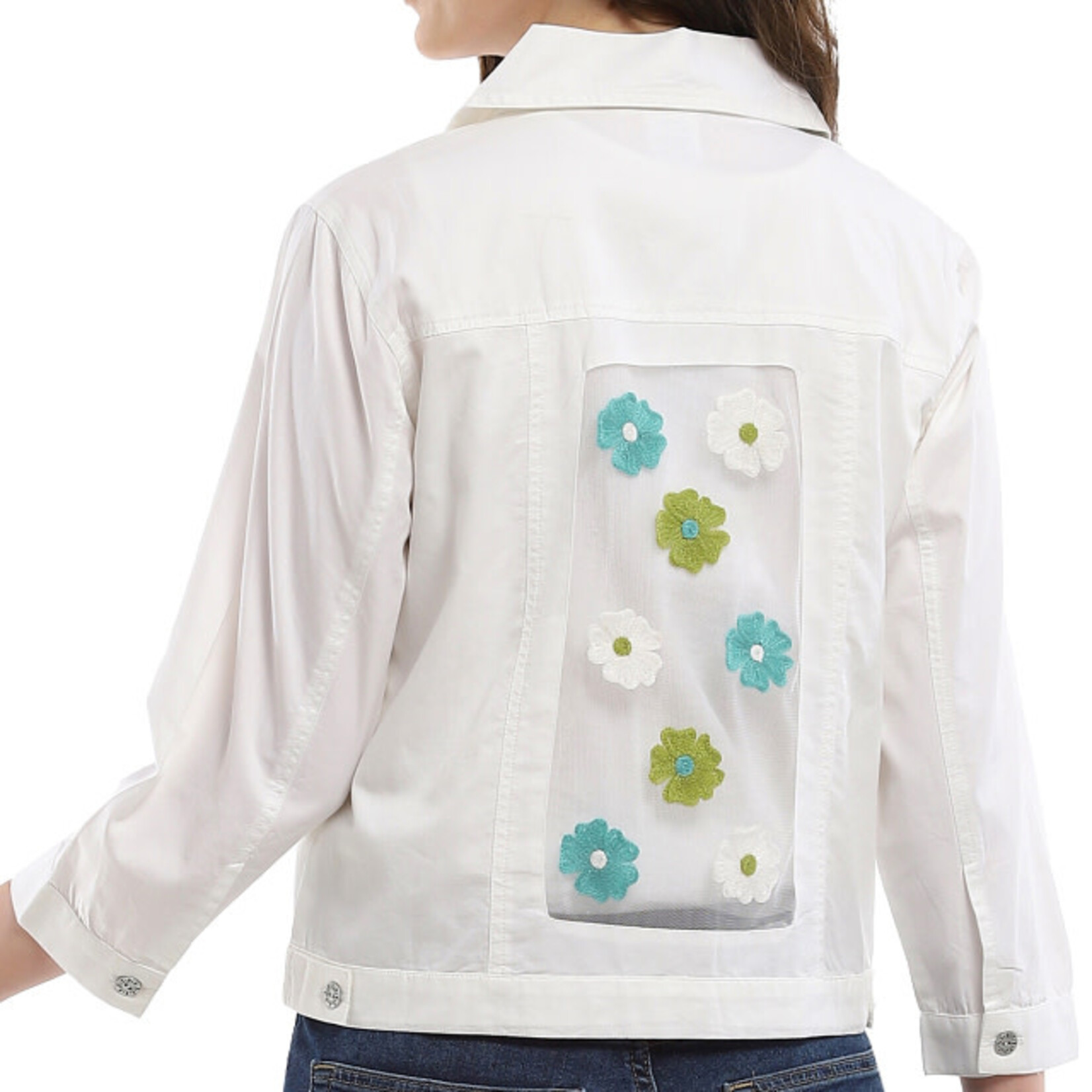 Parsley and Sage Denim White Mesh Embroidered Accent Rachel Jacket
