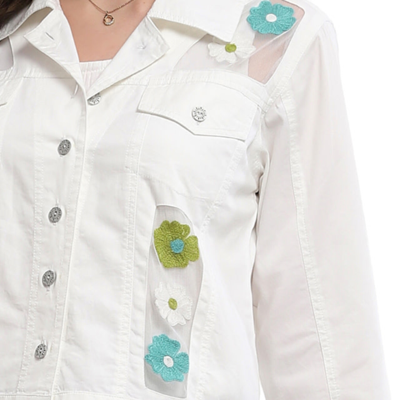 Parsley and Sage Denim White Mesh Embroidered Accent Rachel Jacket
