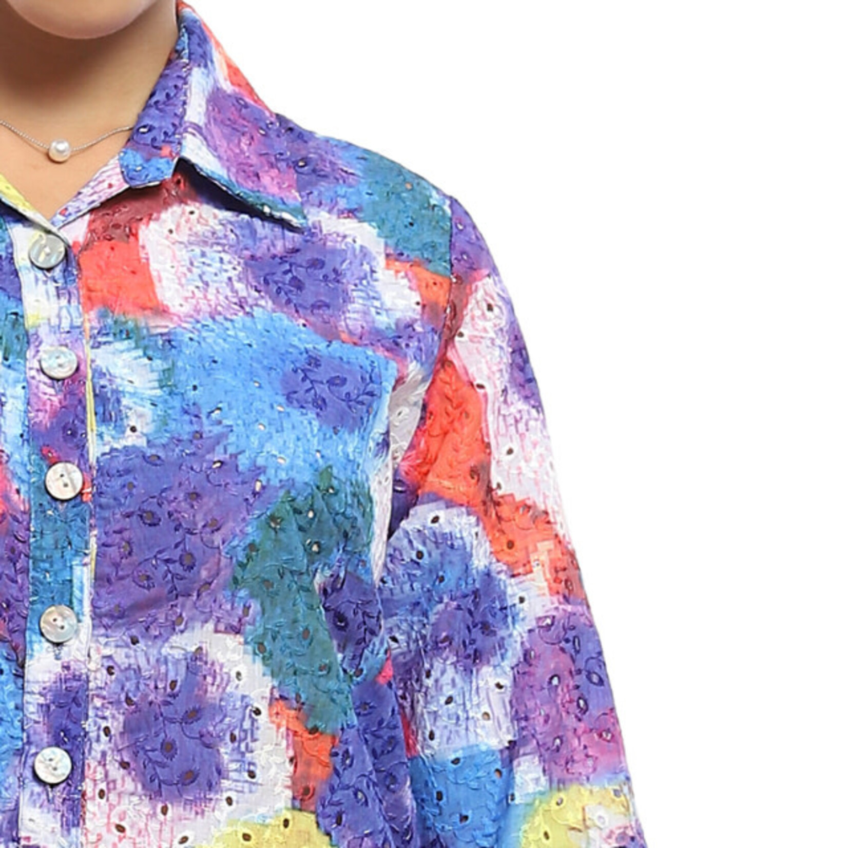 Parsley and Sage Eyelet Bright Floral Button Up Jodie Shirt