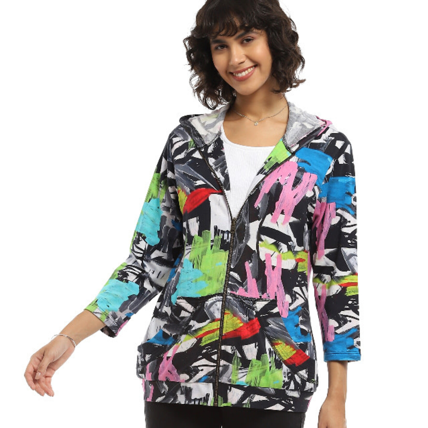 Parsley and Sage Neon Accent Brush Print Zip Up Vita Hoodie