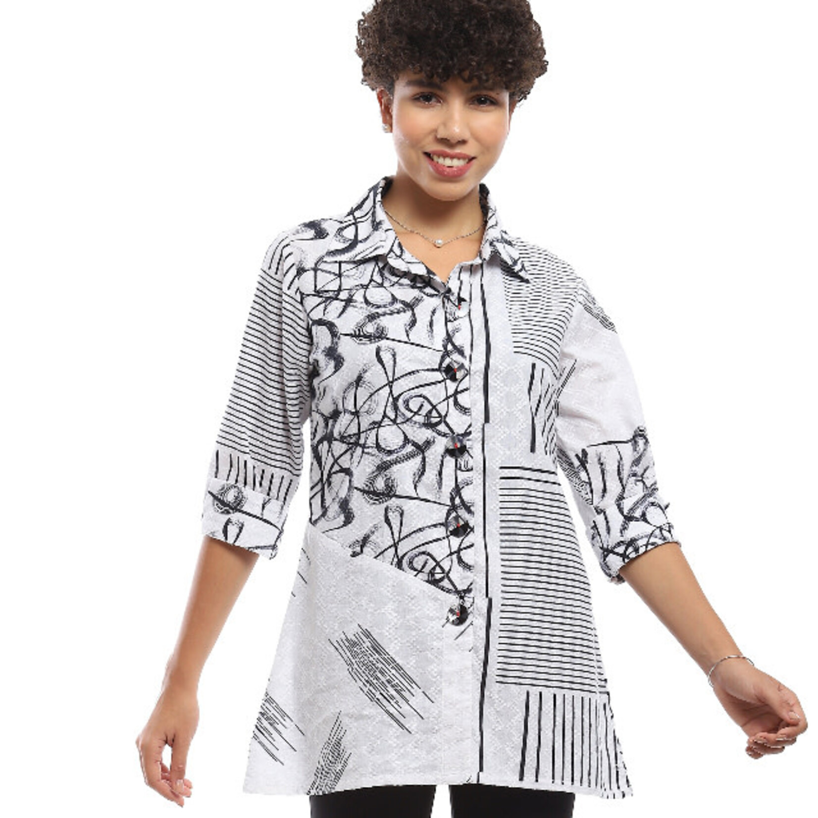 Parsley and Sage White & Black Mixed Print Button Down Belle Shirt