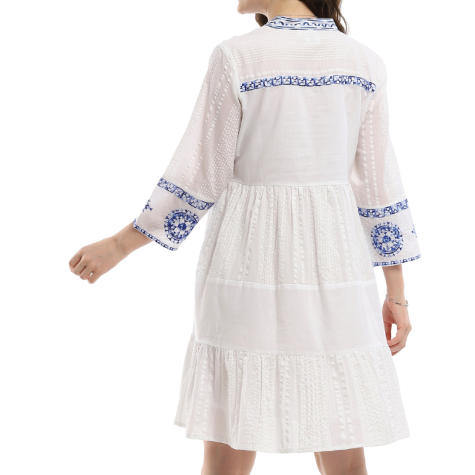 Parsley and Sage Cotton White With Blue Embroidery Ollie Dress