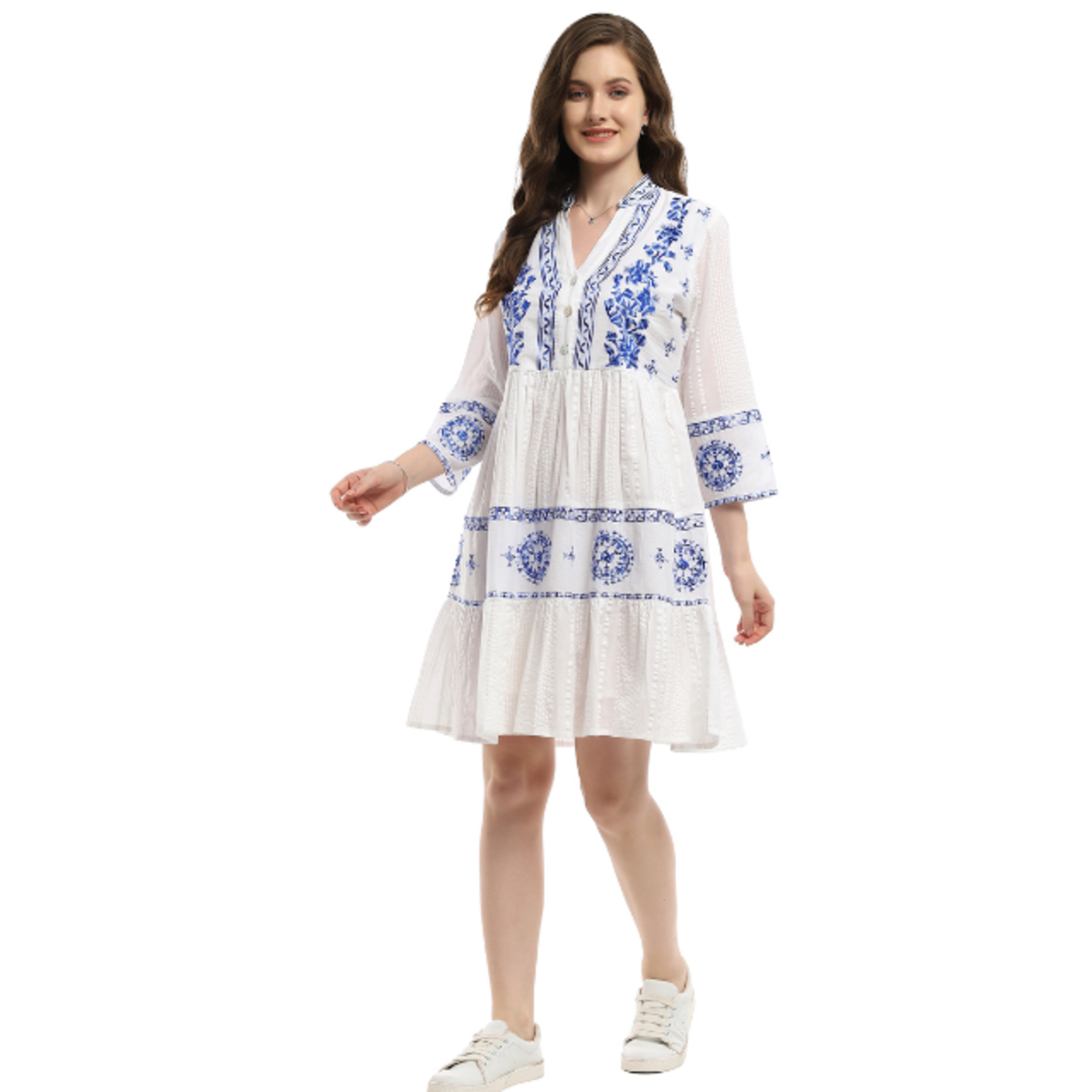 Parsley and Sage Cotton White With Blue Embroidery Ollie Dress