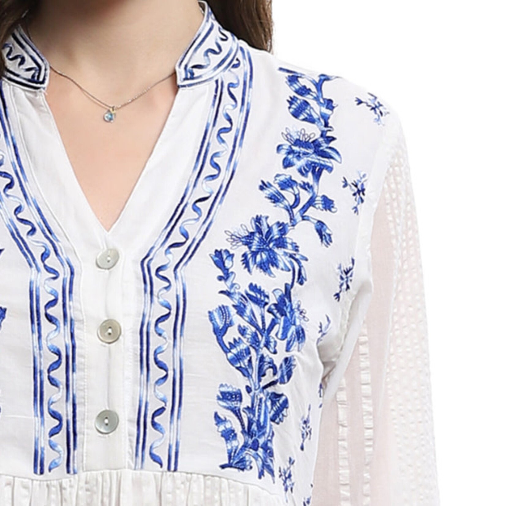 Parsley and Sage Cotton White With Blue Embroidery Ollie Dress