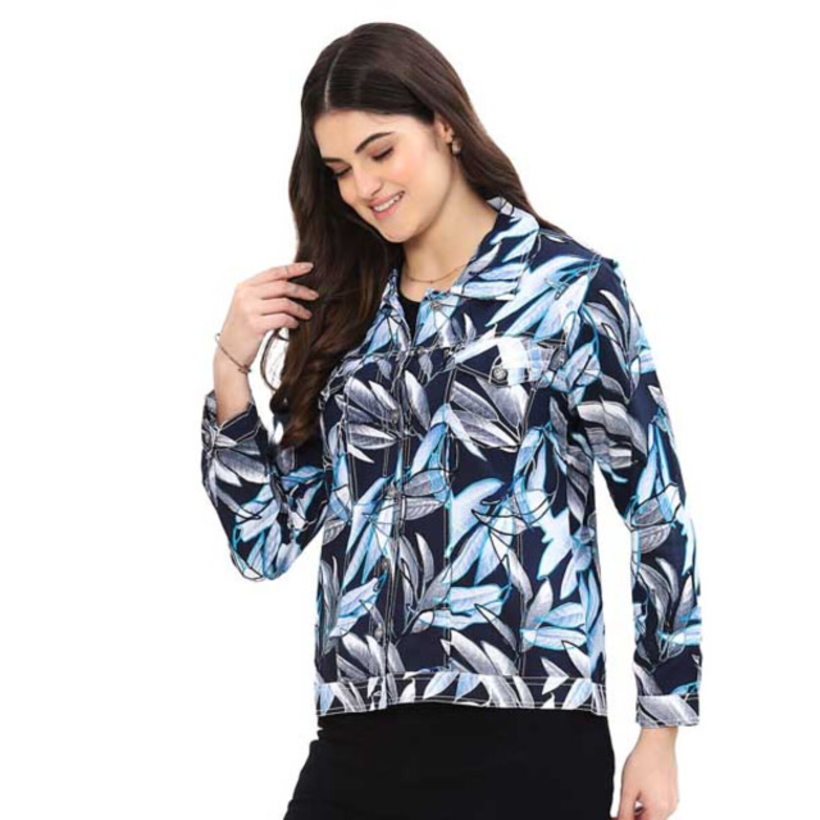 Parsley and Sage Navy Leaf Print Kylie Jacket