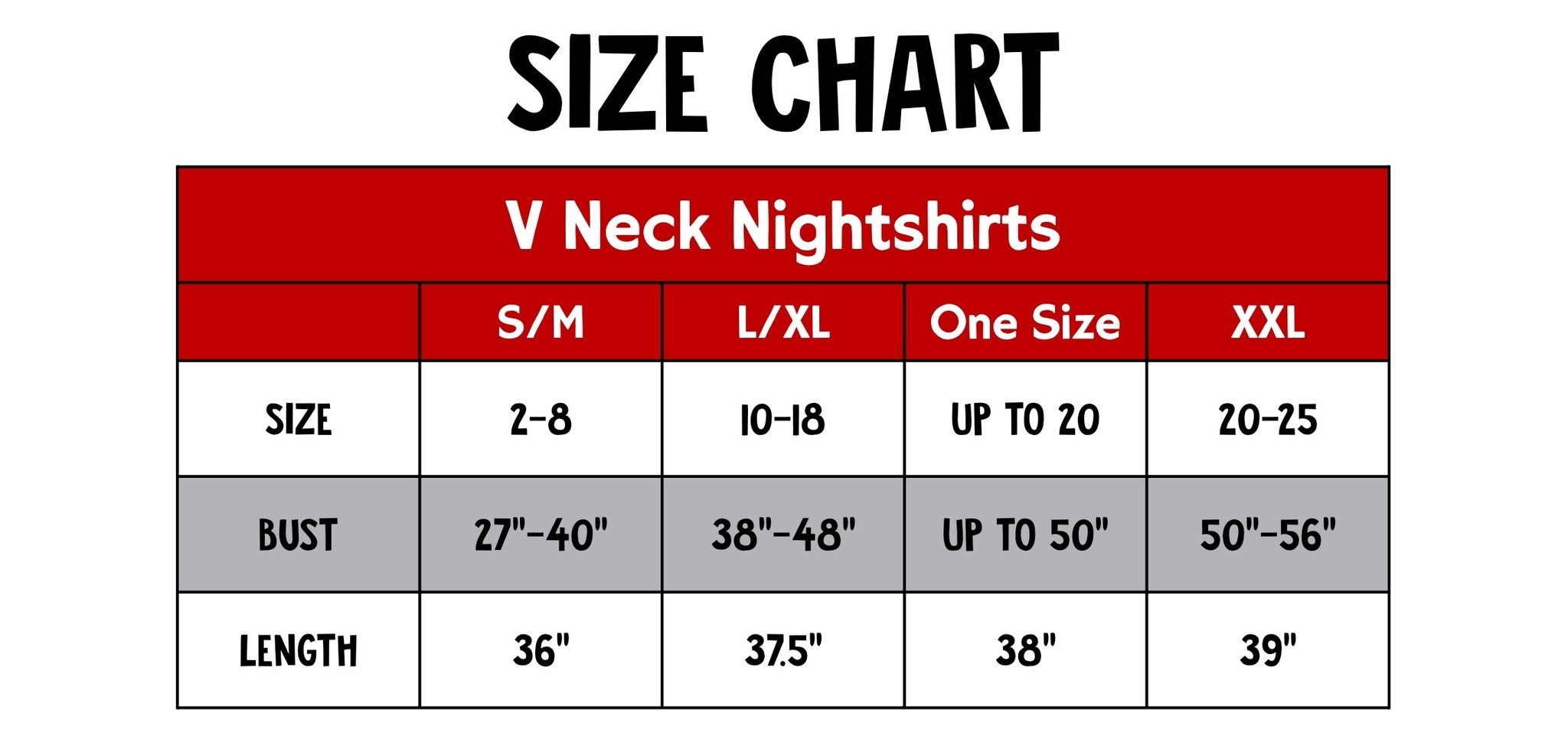 Nightshirt Size Chart