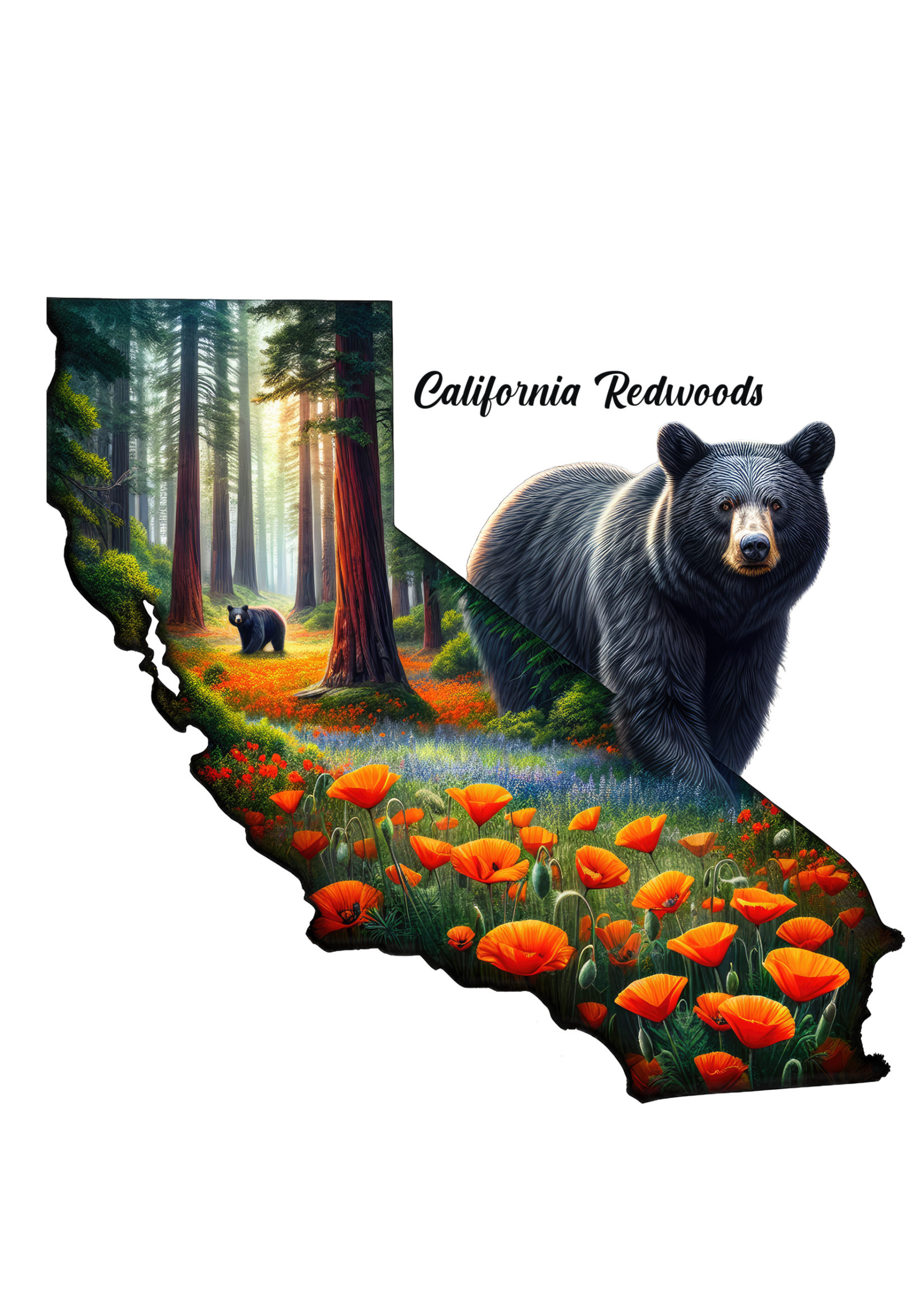 Sticker (CA State Bear & Poppies) 2"