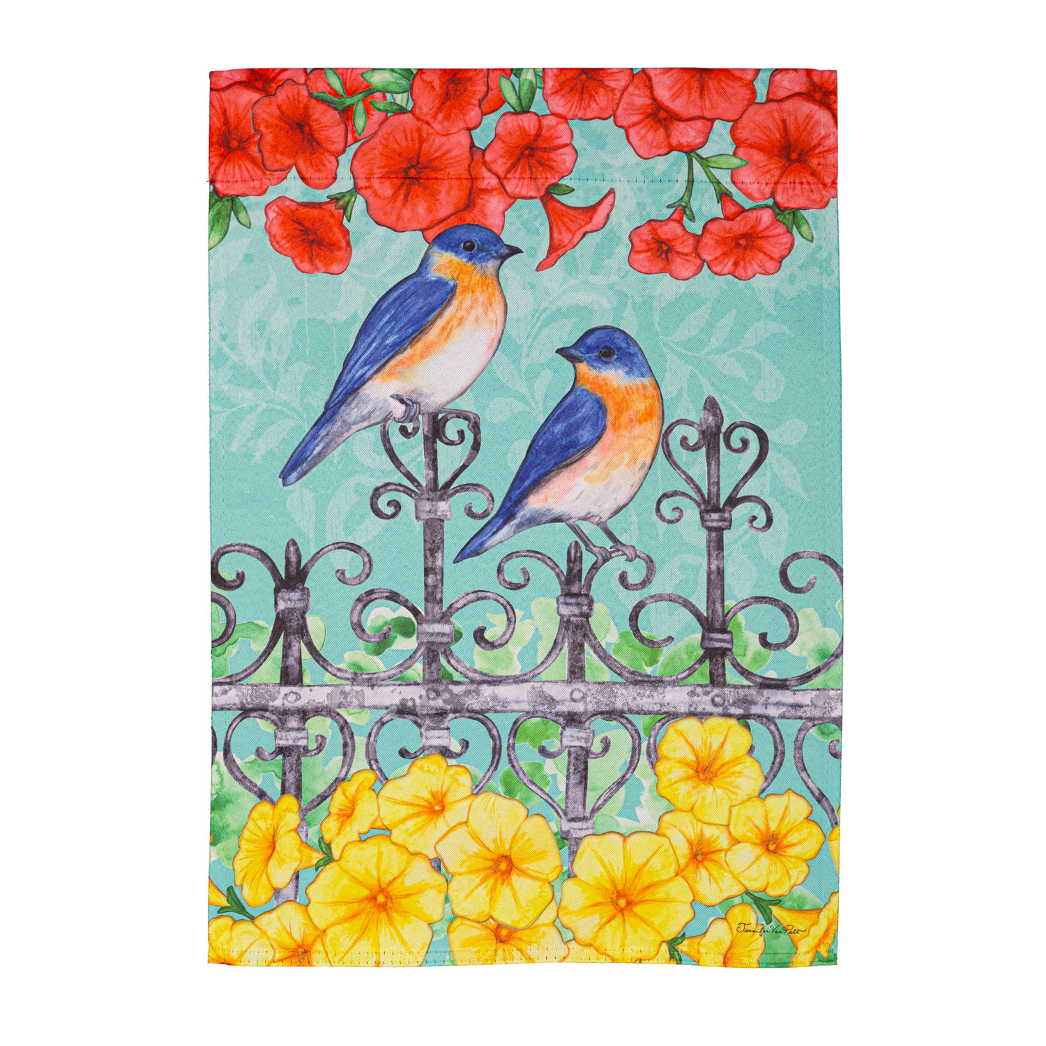 秋山花　「THE 3 BIRDS AND A FLAG」 GRDN FLAG TWO BIRDS IN SPRING - Fireside Gift Shops