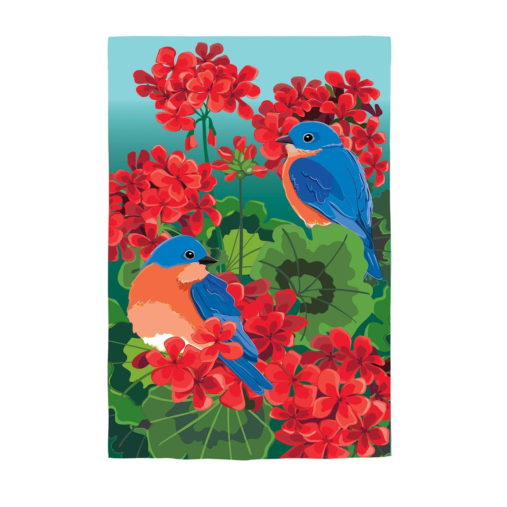 BLUEBIRDS IN RED GERANIUMS