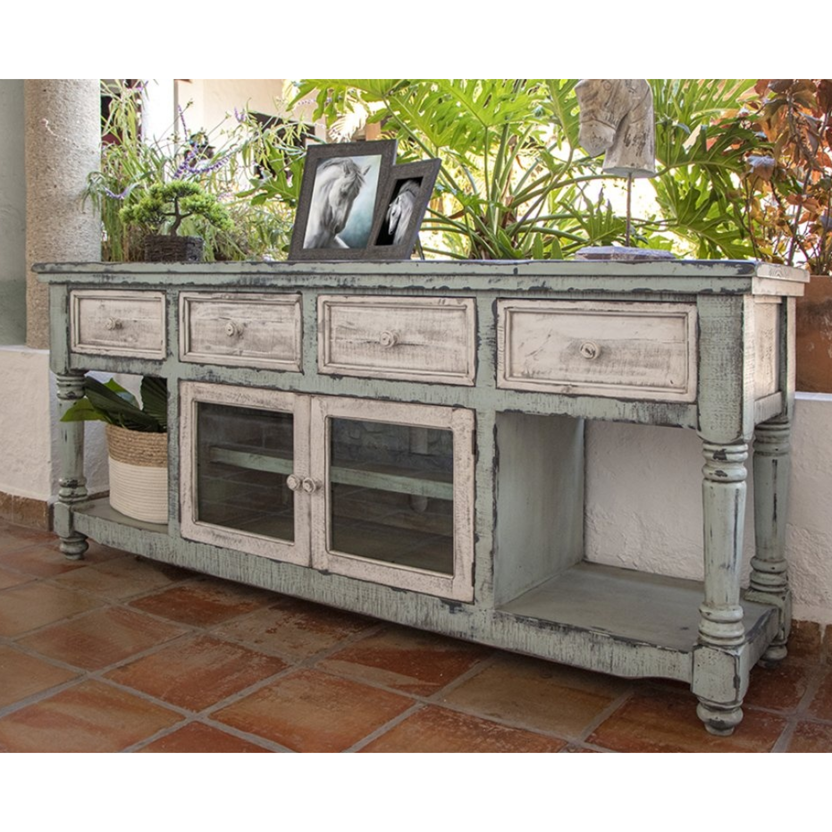White on Teal TV Stand 4 Drawer 2 Door