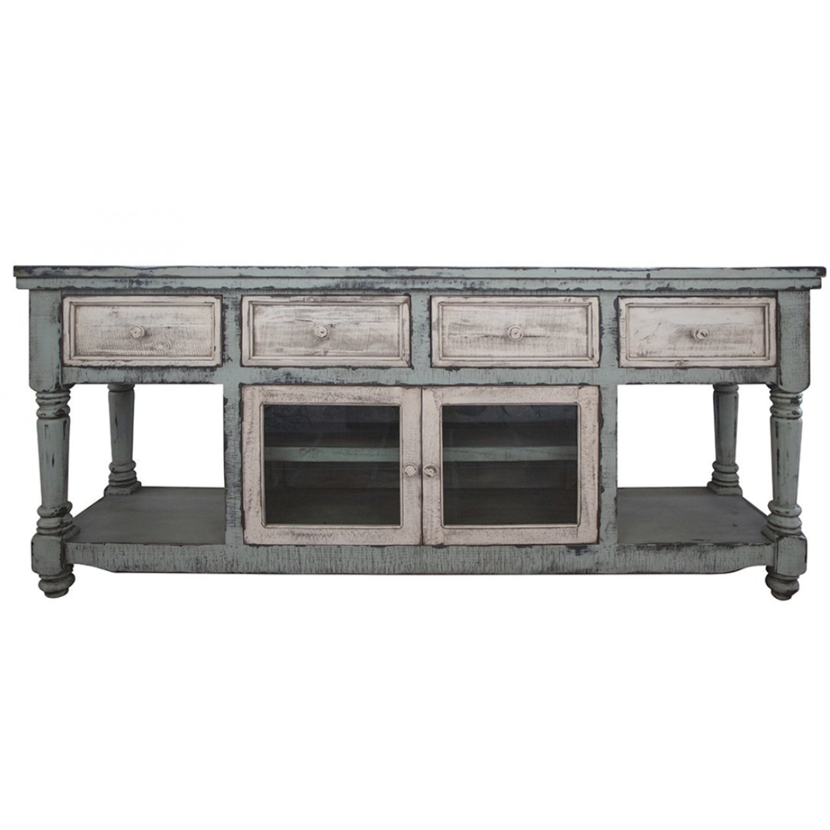 White on Teal TV Stand 4 Drawer 2 Door