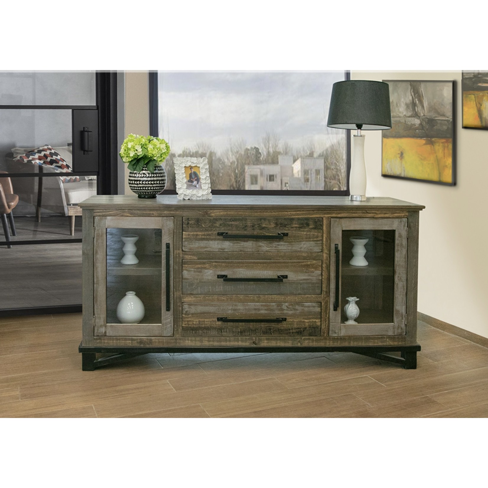 Rustic Brown with Silver Accents Entertainment Center 2 Door, 3 Drawers