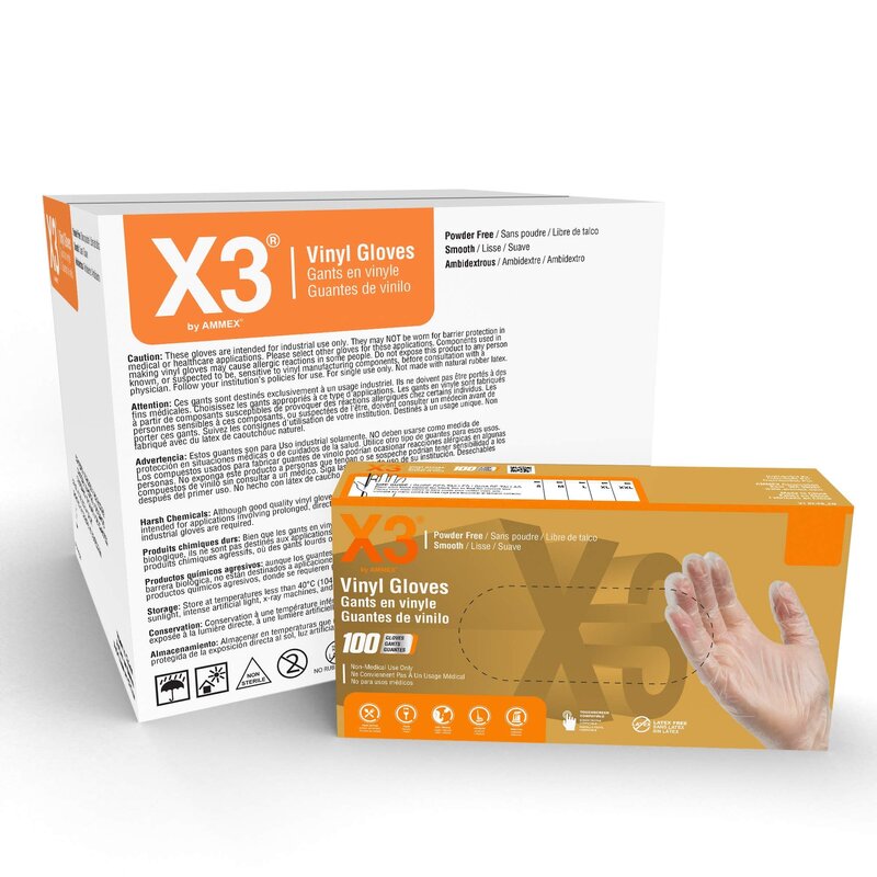 AMMEX AMMEX X3 Industrial Clear Vinyl Gloves, 100 Count