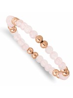 Stainless Steel Polished Rose IP-plated Pink Quartz Beaded Stretch Bracelet