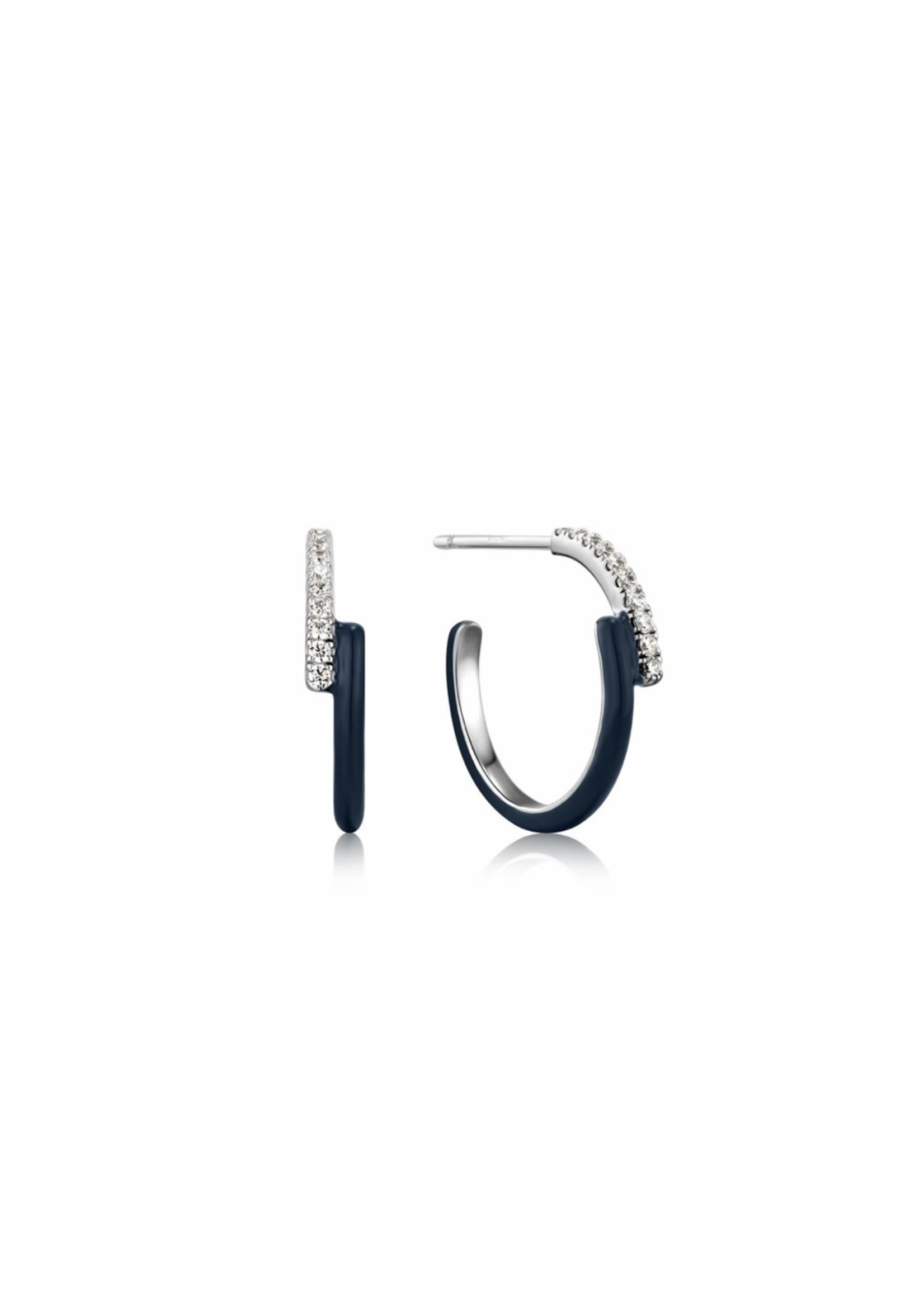 Ania Haie Navy Blue Enamel Silver Sparkle Overlap  Hoop Earrings