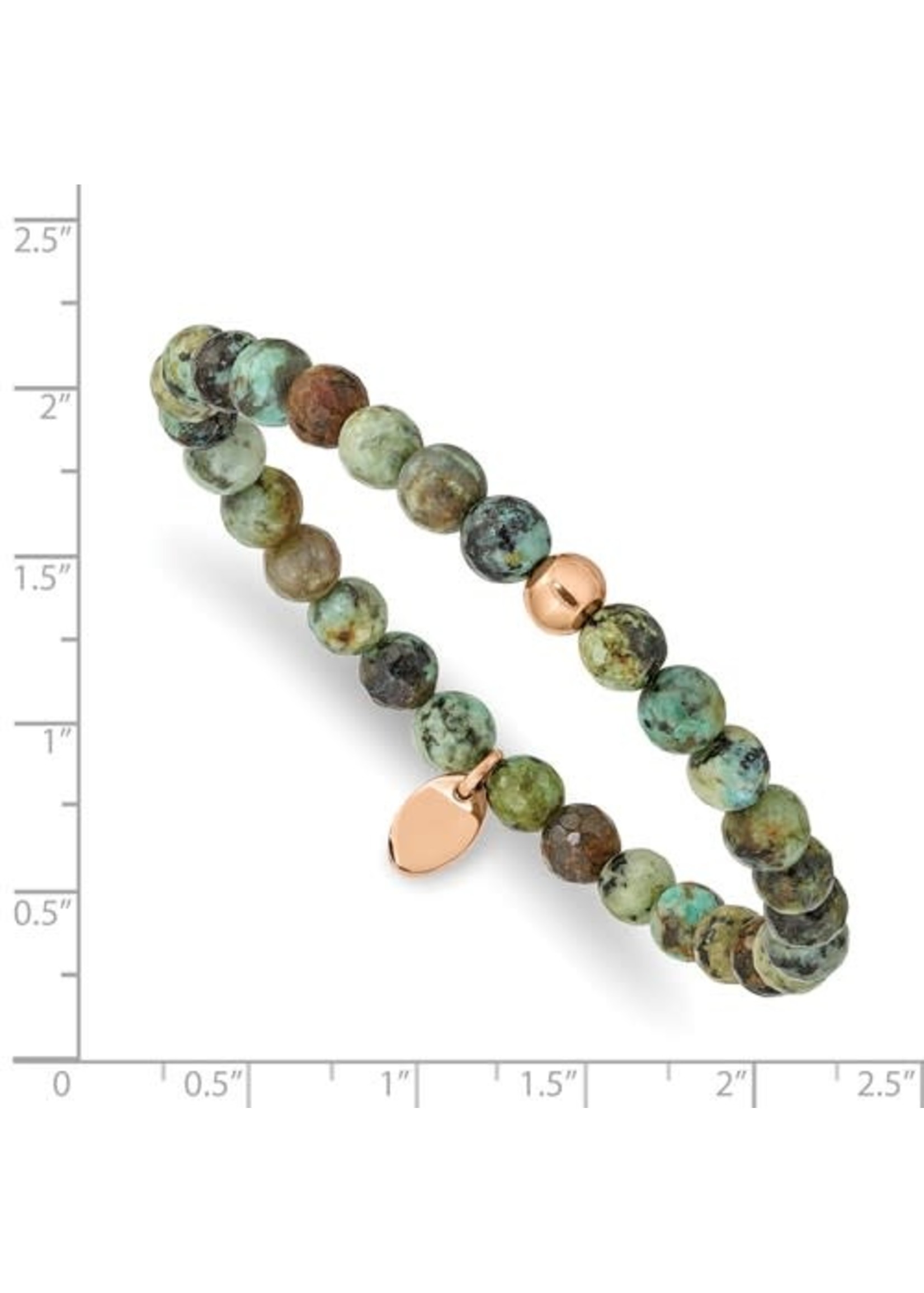 Stainless Steel Polished Rose IP-plated 6mm African Turquoise Beaded Stretch Bracelet