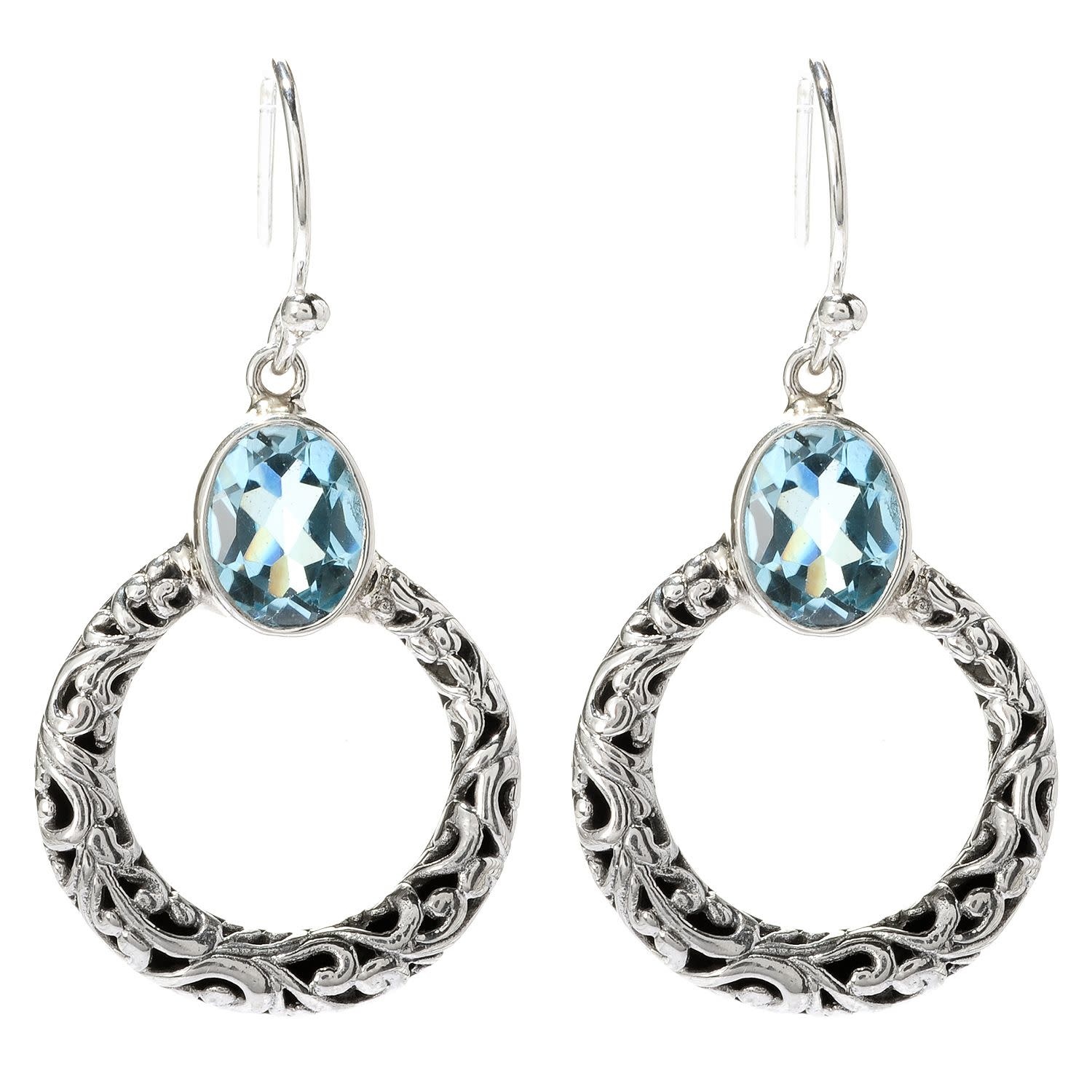 SACRED CIRCLE EARRINGS SS CIRCLE DANGLING EARRINGS W/ BLUE TOPAZ