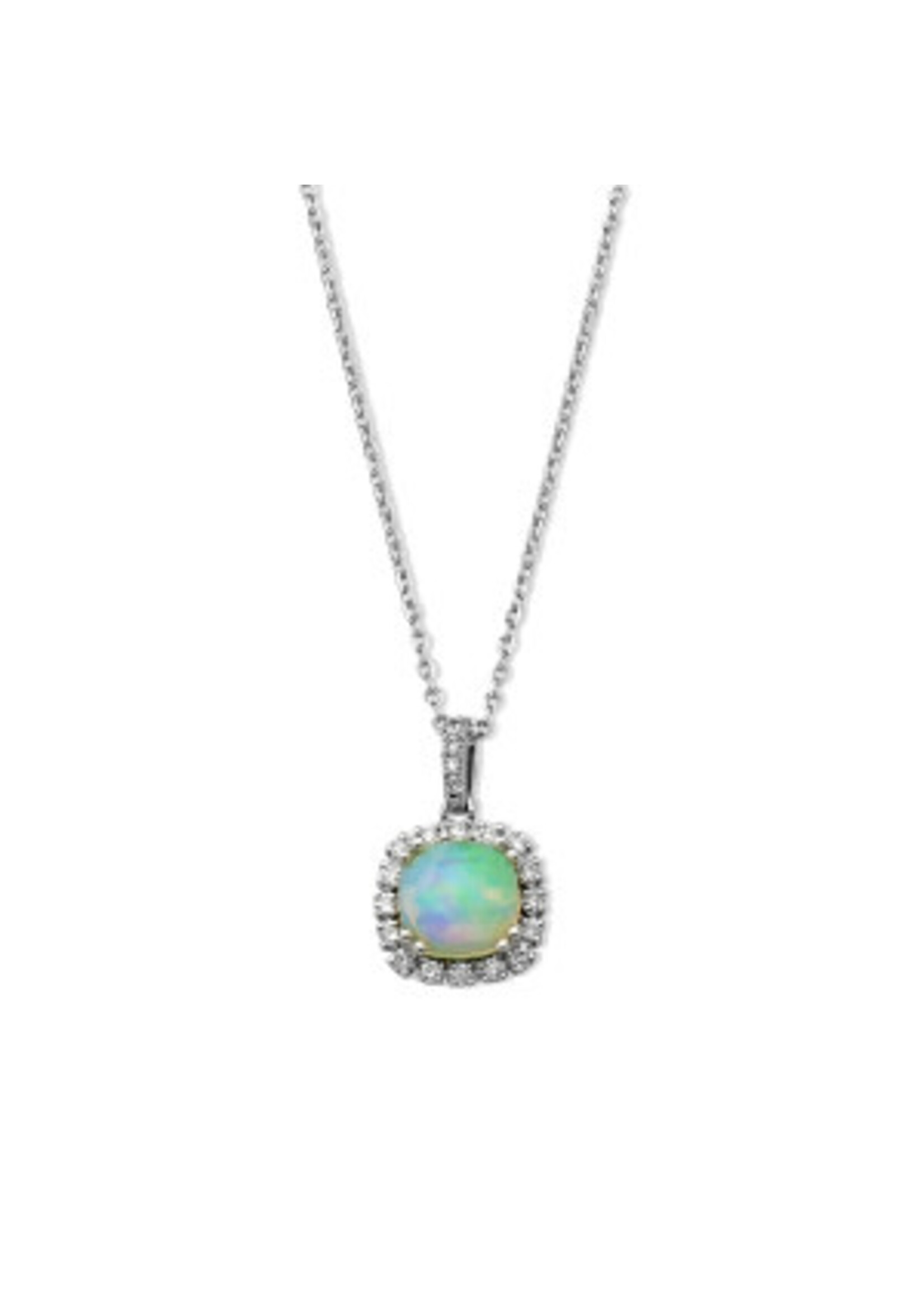 SAMUEL B. 14K CUSHION DIAMOND HALO GEMSTONE PENDANT ON CHAIN - OPAL - WHITE GOLD