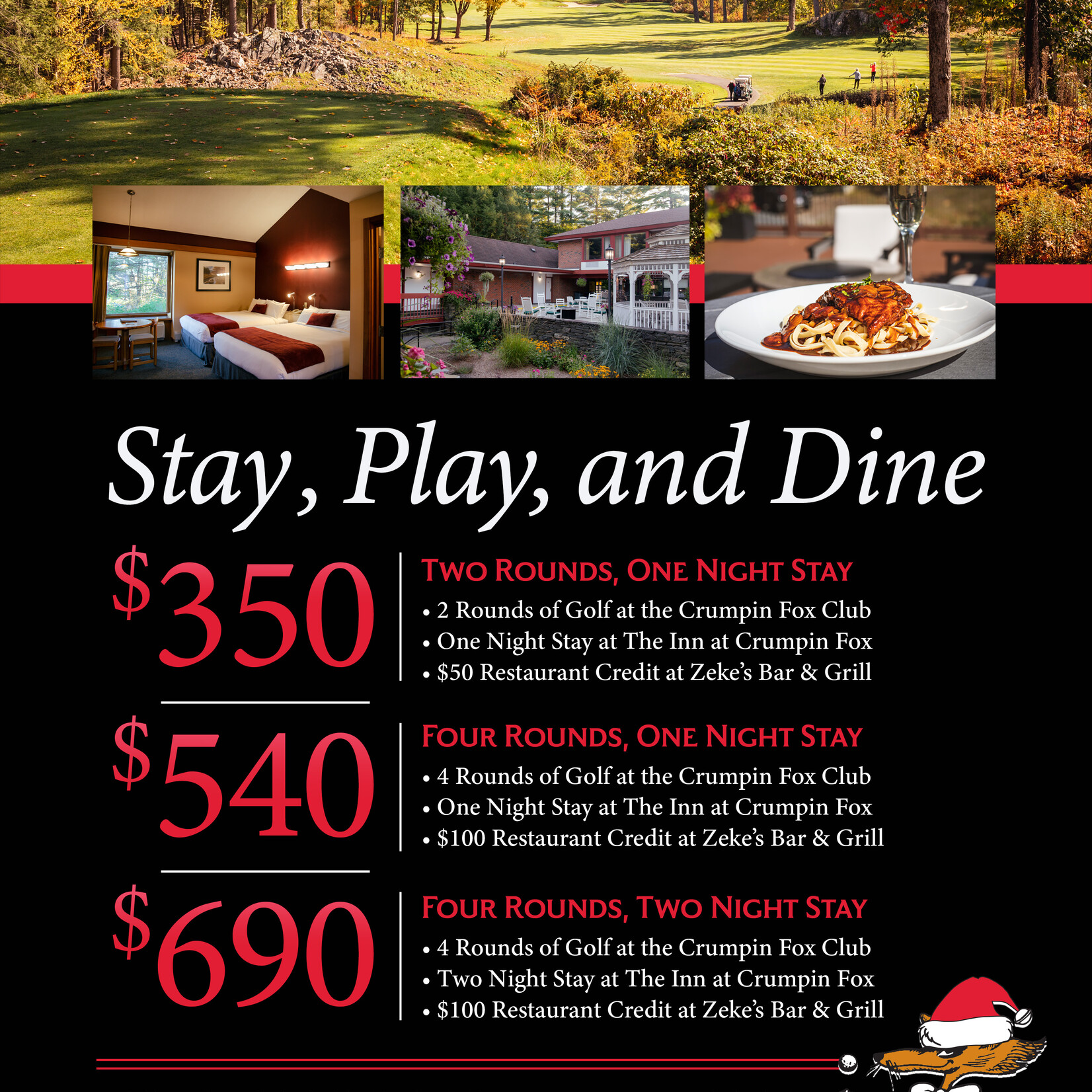 Crumpin Fox Stay, Play & Dine Package - 4 Rounds, 2 Nights Stay & $100 Restaurant Voucher