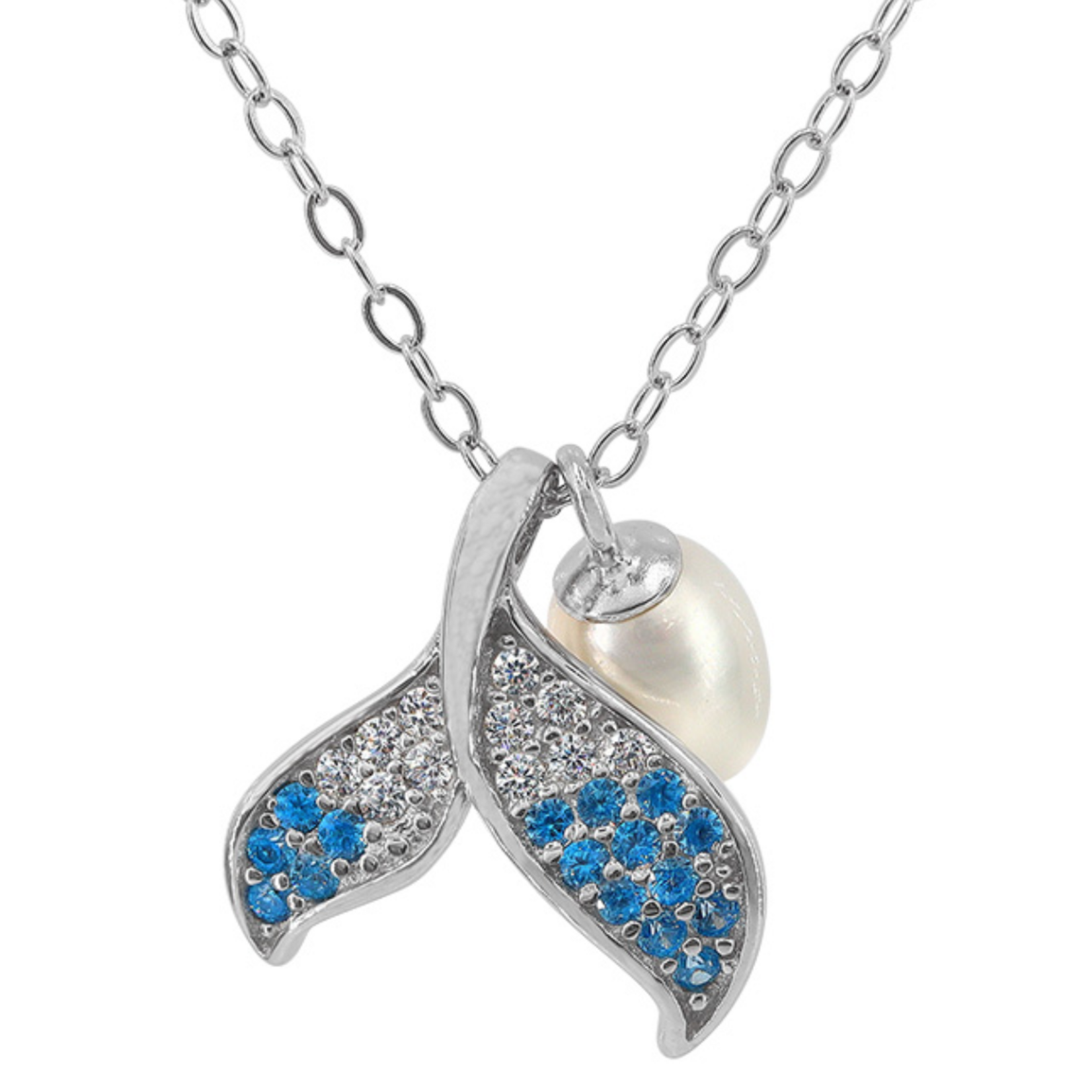 WHALE TAIL NECKLACE WITH PEARL- STERLING SILVER ,CZ -16-18"