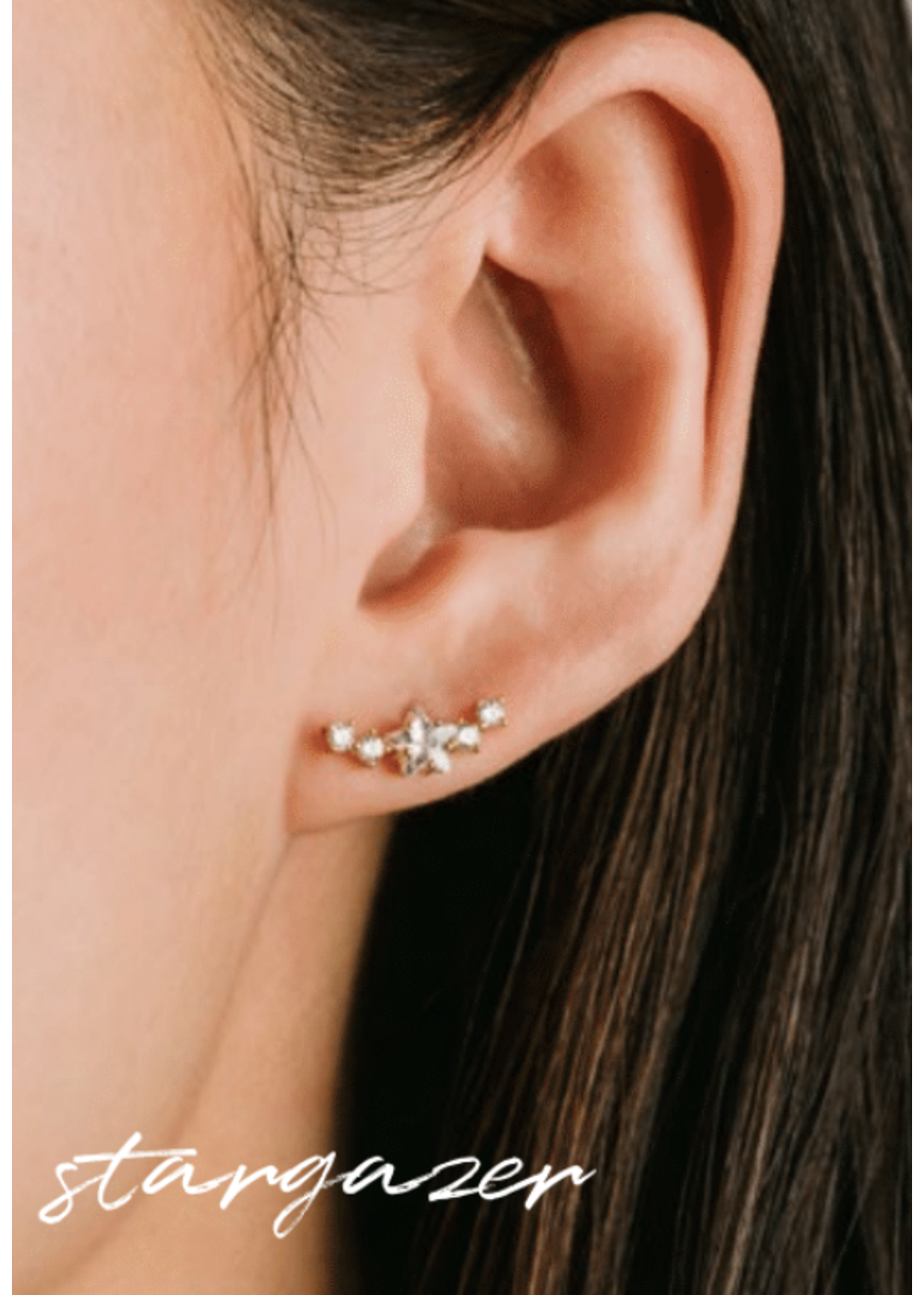 Lover's Tempo STARGAZER CLIMBER EARRINGS - 14mm, CLEAR CZ, STERLING POST, 18K GOLD PLATE