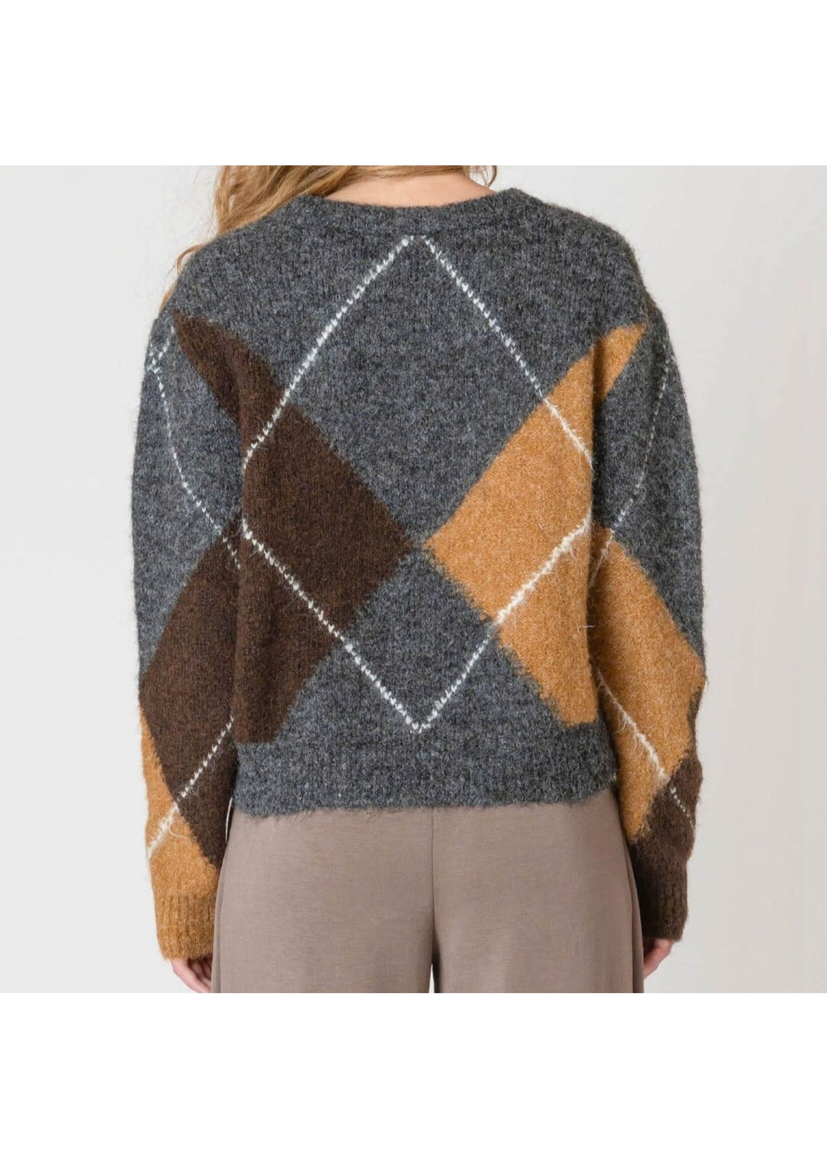 Room 34 2627011 DG - V-Neck Patterned Sweater - Neutral Argyle