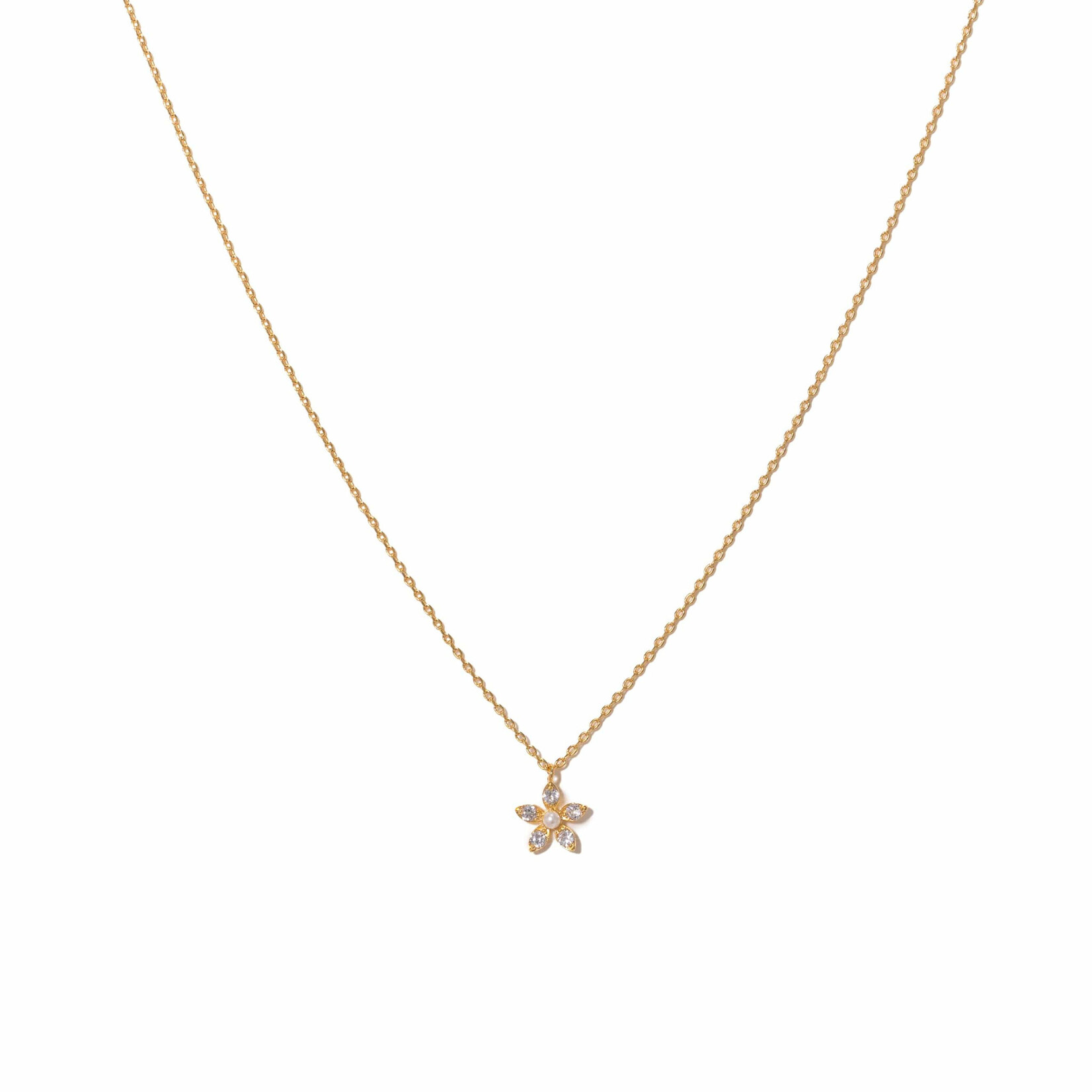Lover's Tempo Lily Gold Necklace - 16-18", Clear Cubic Zirconia, Pearl, Gold Plate