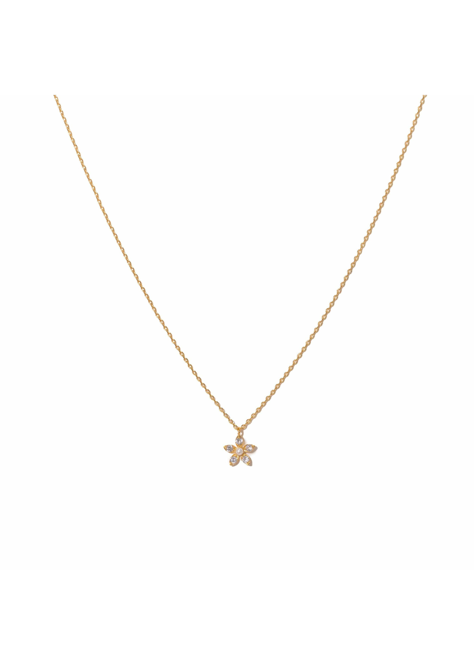 Lover's Tempo Lily Gold Necklace - 16-18", Clear Cubic Zirconia, Pearl, Gold Plate