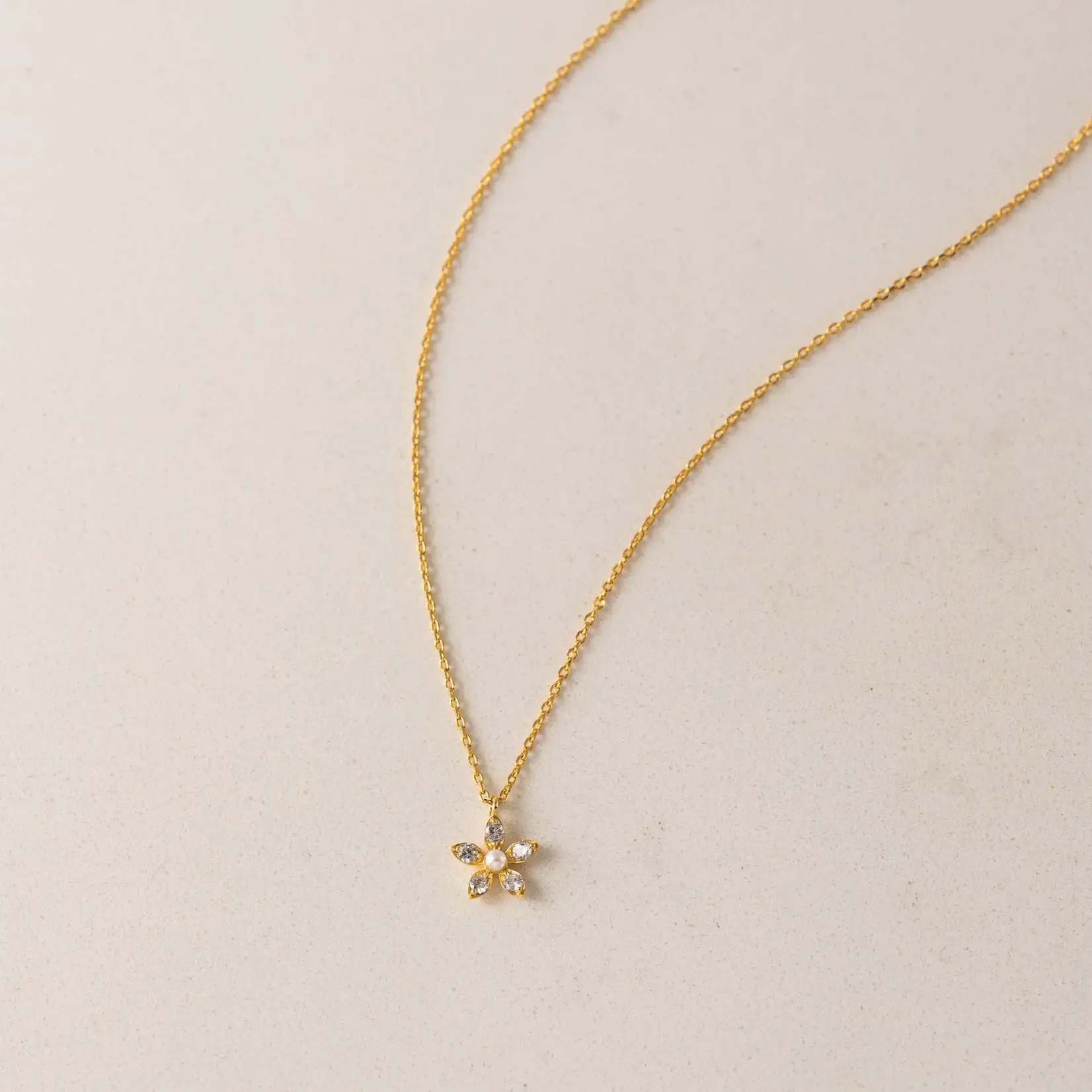 Lover's Tempo Lily Gold Necklace - 16-18", Clear Cubic Zirconia, Pearl, Gold Plate