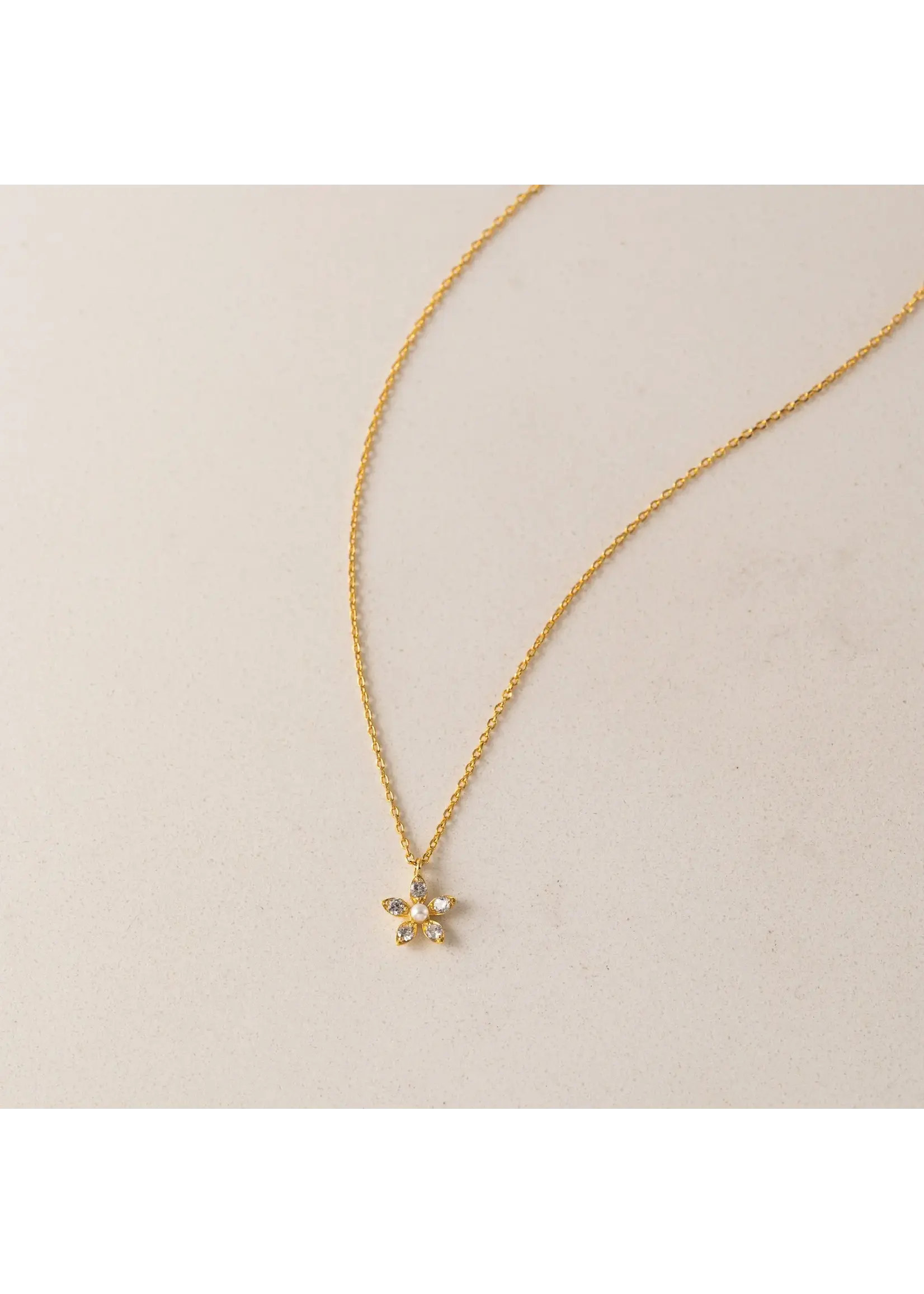 Lover's Tempo Lily Gold Necklace - 16-18", Clear Cubic Zirconia, Pearl, Gold Plate