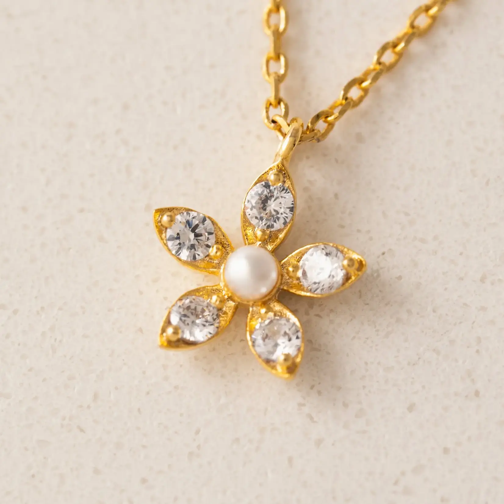 Lover's Tempo Lily Gold Necklace - 16-18", Clear Cubic Zirconia, Pearl, Gold Plate