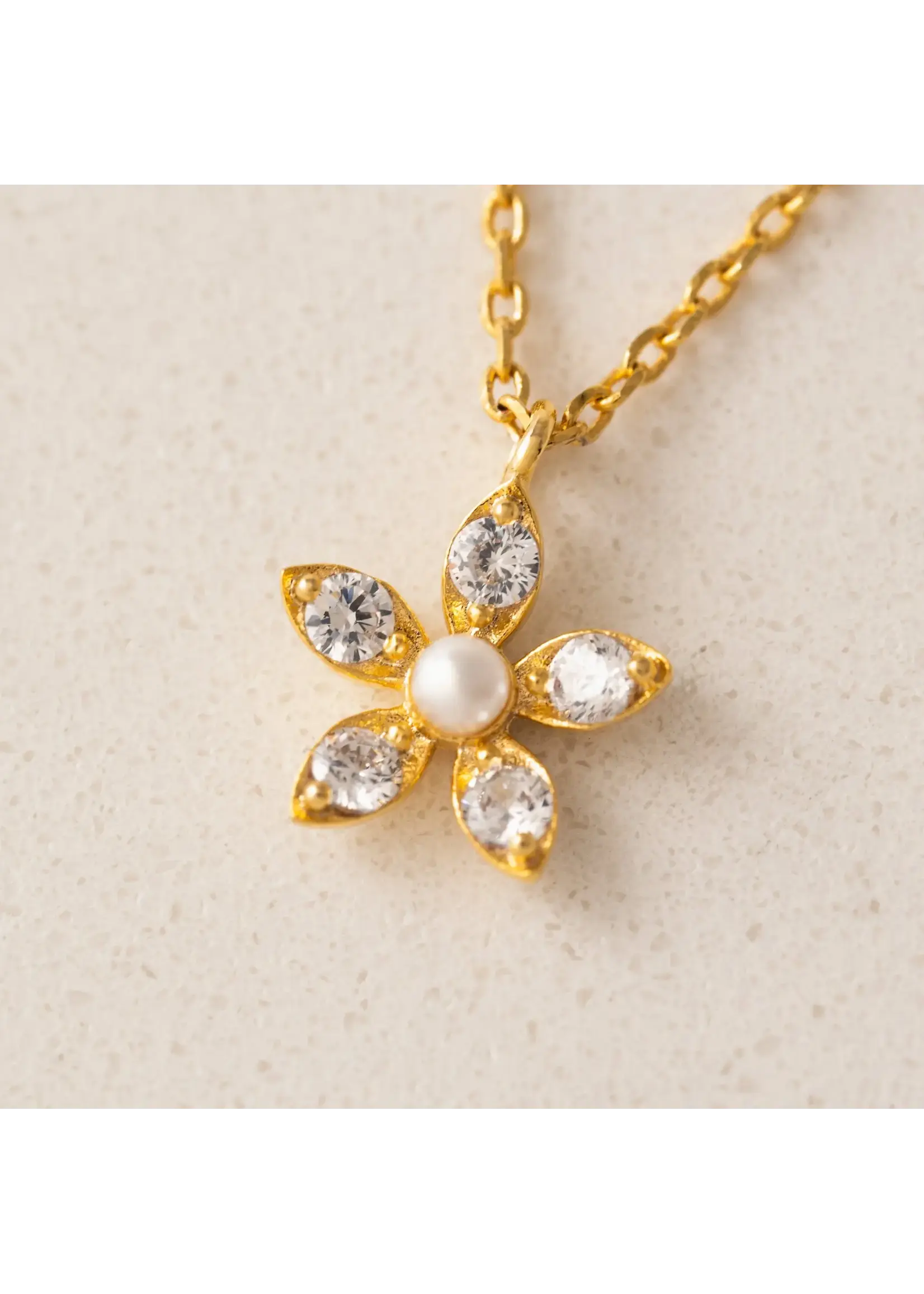 Lover's Tempo Lily Gold Necklace - 16-18", Clear Cubic Zirconia, Pearl, Gold Plate