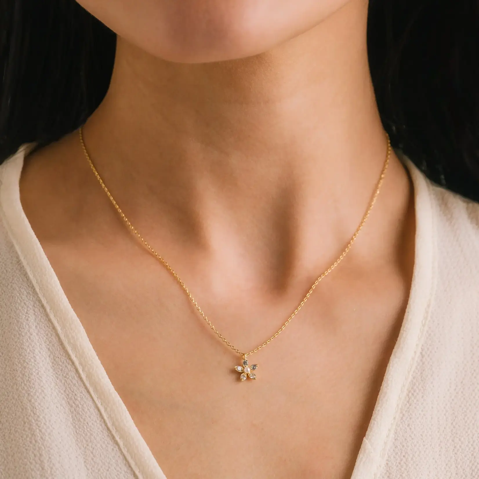 Lover's Tempo Lily Gold Necklace - 16-18", Clear Cubic Zirconia, Pearl, Gold Plate