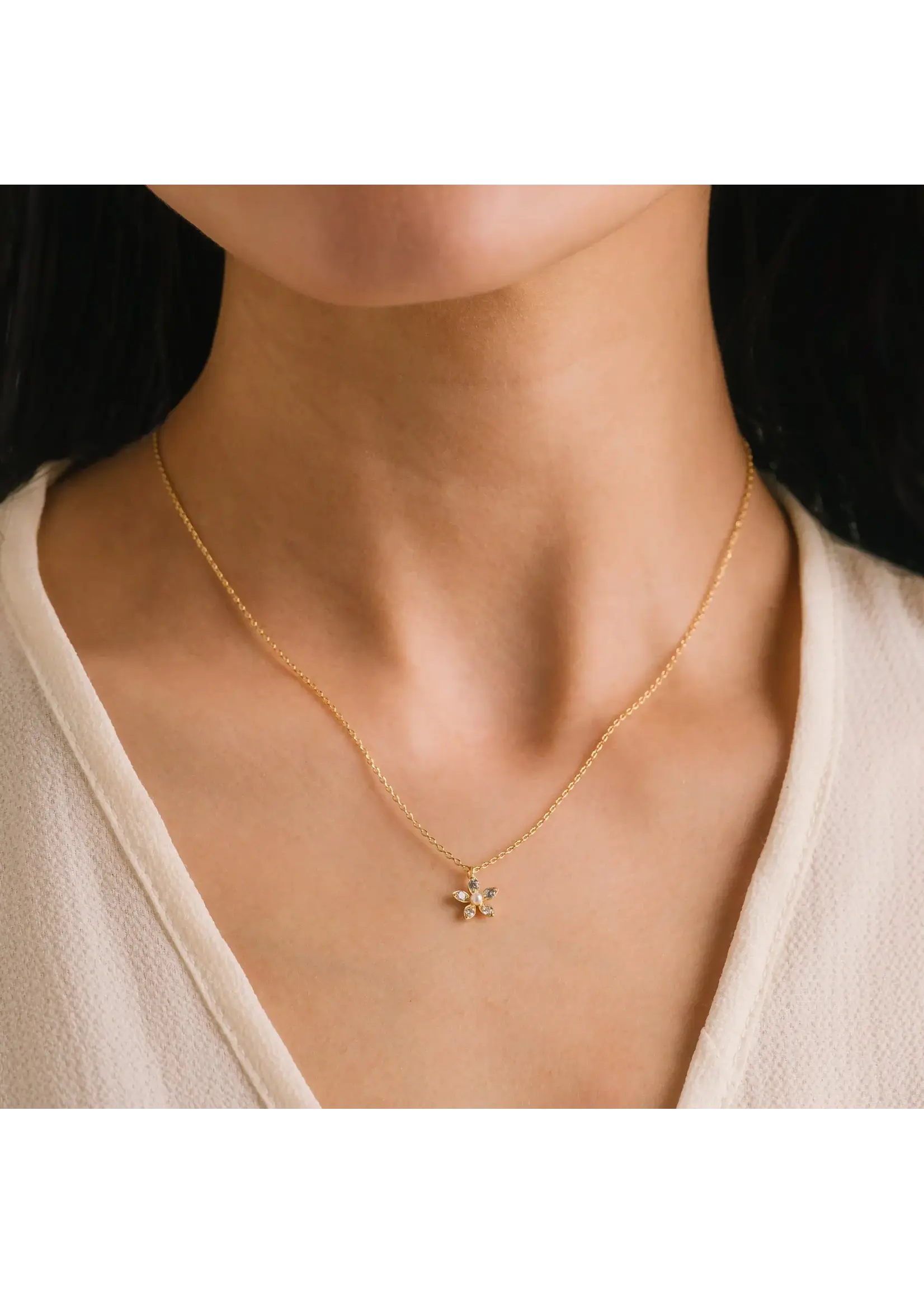 Lover's Tempo Lily Gold Necklace - 16-18", Clear Cubic Zirconia, Pearl, Gold Plate