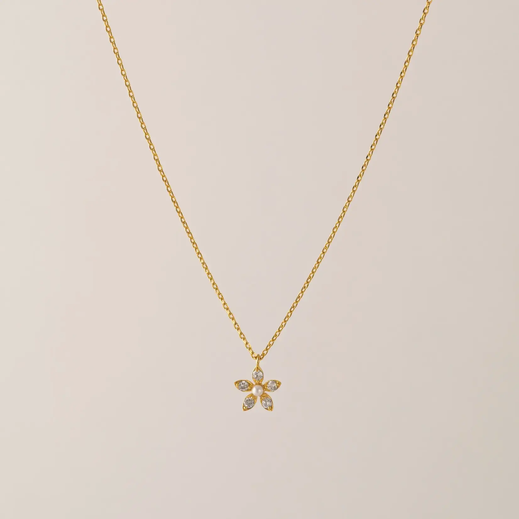 Lover's Tempo Lily Gold Necklace - 16-18", Clear Cubic Zirconia, Pearl, Gold Plate