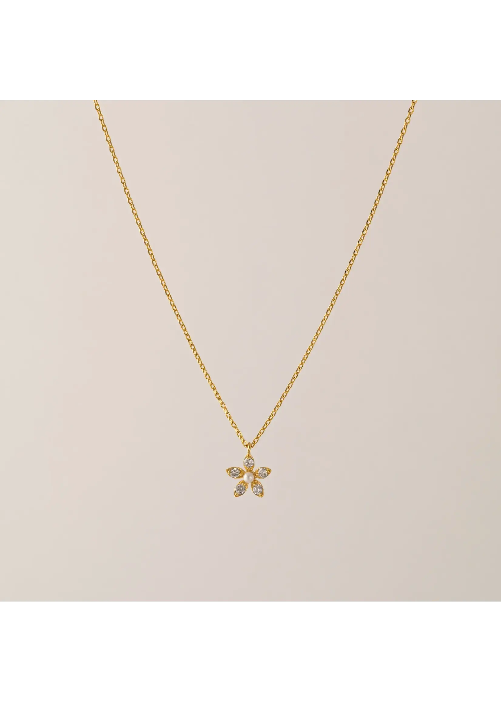 Lover's Tempo Lily Gold Necklace - 16-18", Clear Cubic Zirconia, Pearl, Gold Plate