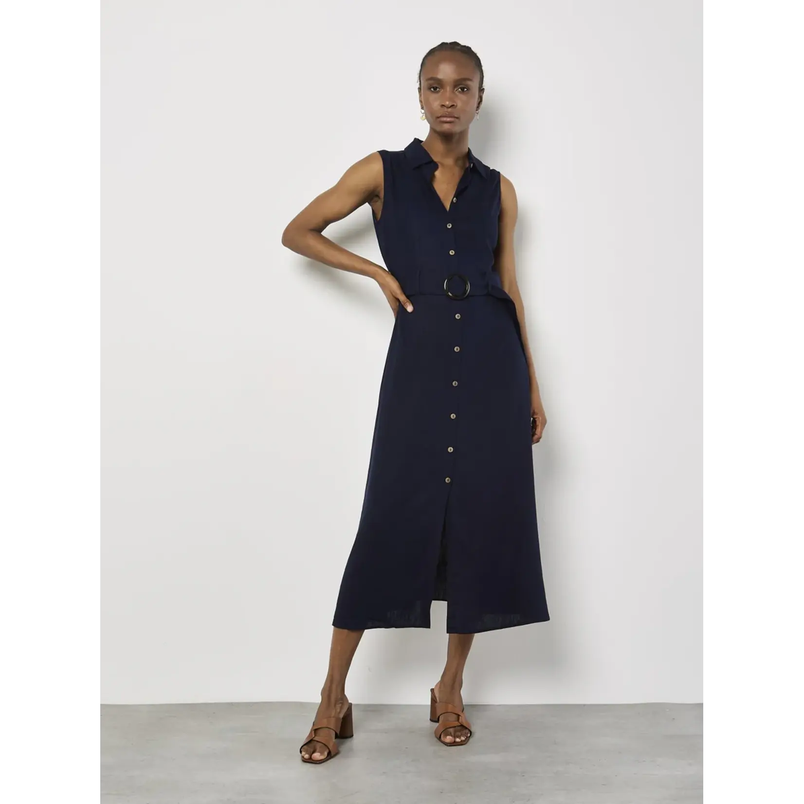 Apricot Clothing Sleeveless Belted Linen Mix Shirt Midi Dress